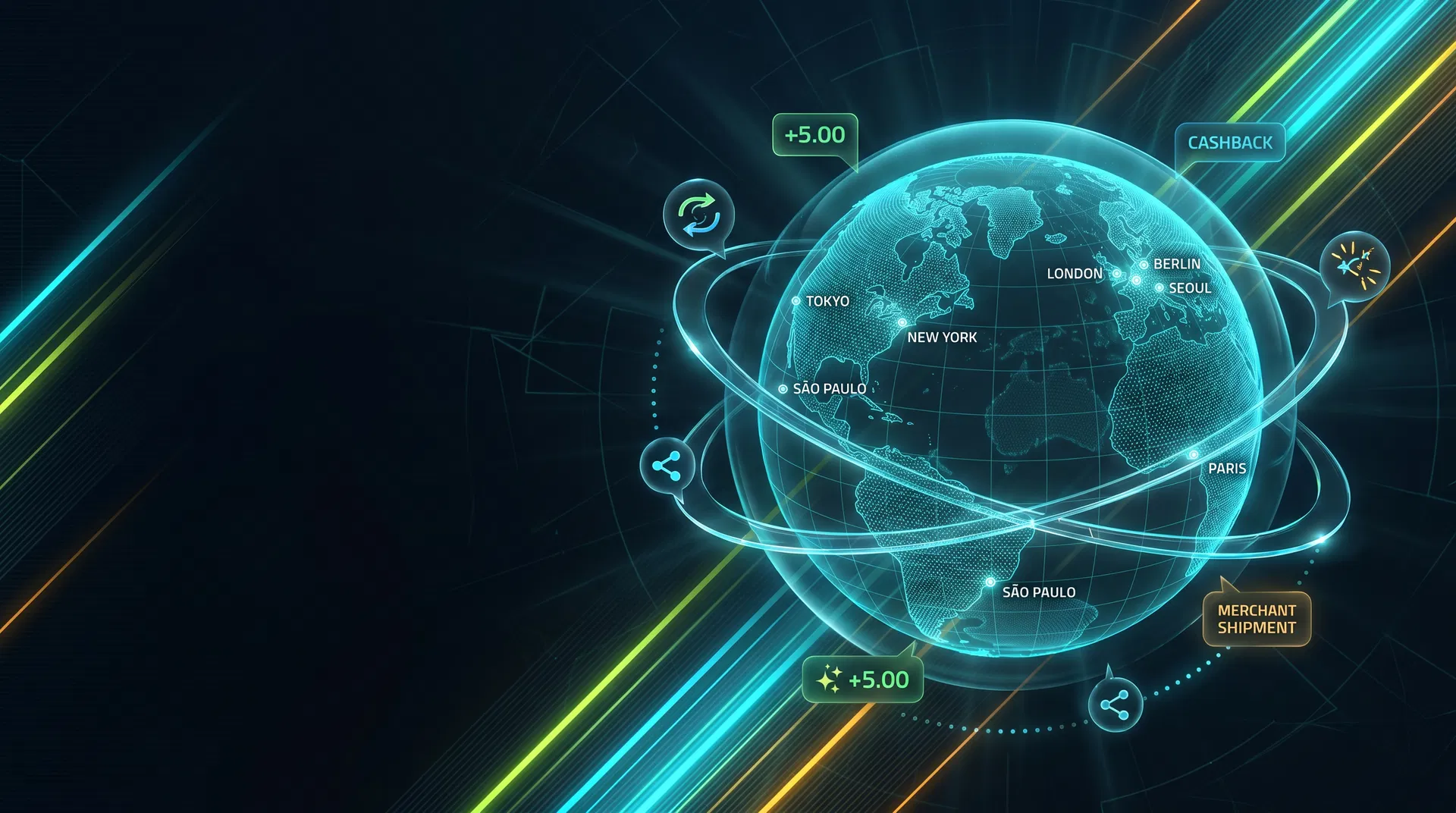 Holographic globe with global Grak-Cash transaction signals
