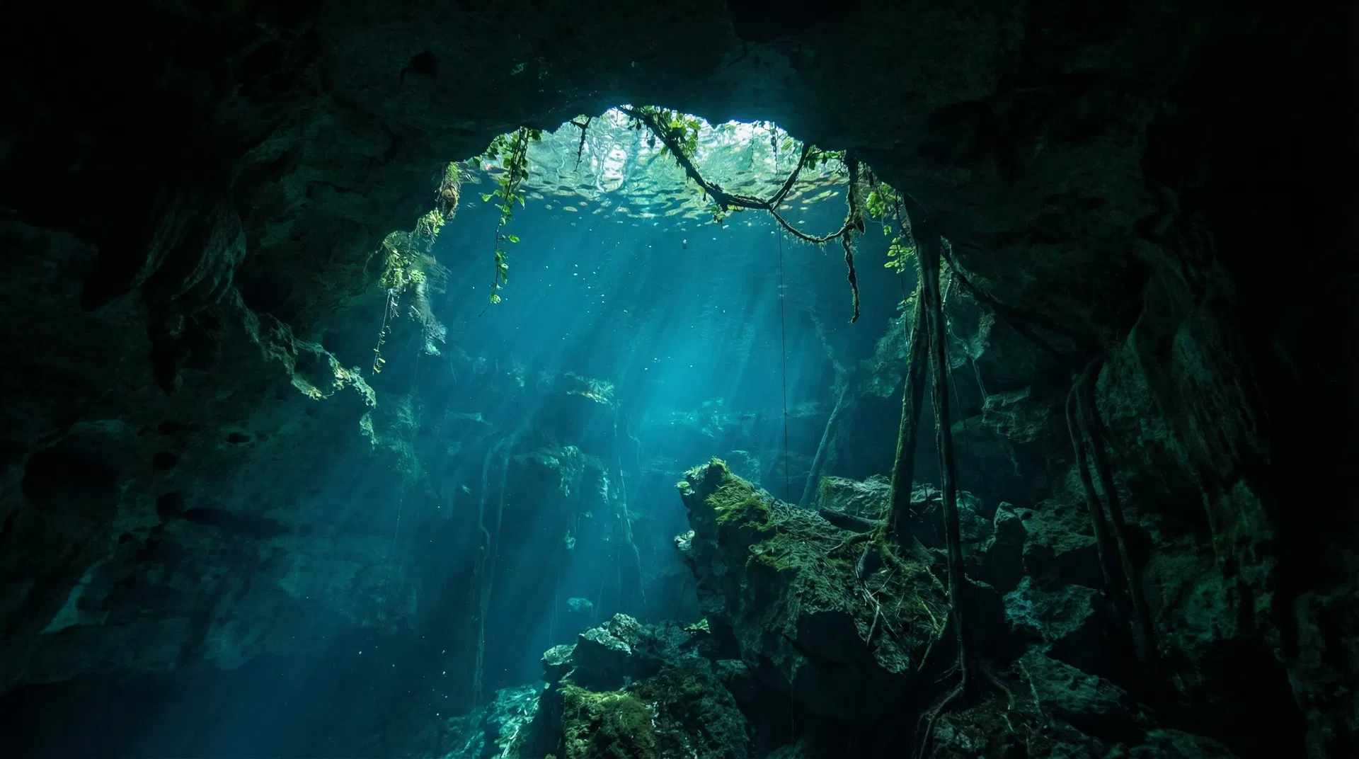 Sacred cenote — underwater view looking up toward the light