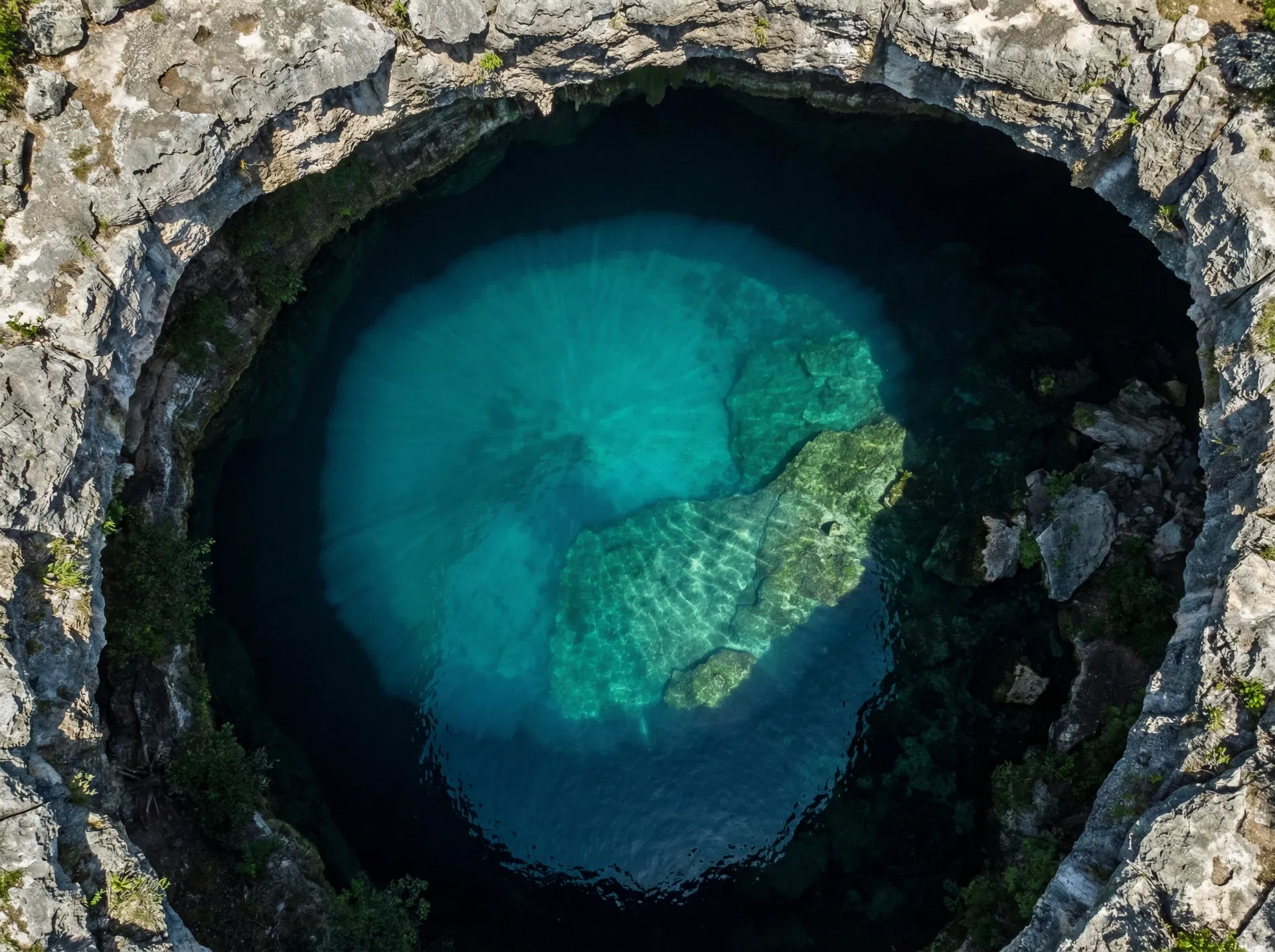 Sacred cenote viewed from above — teal water within limestone