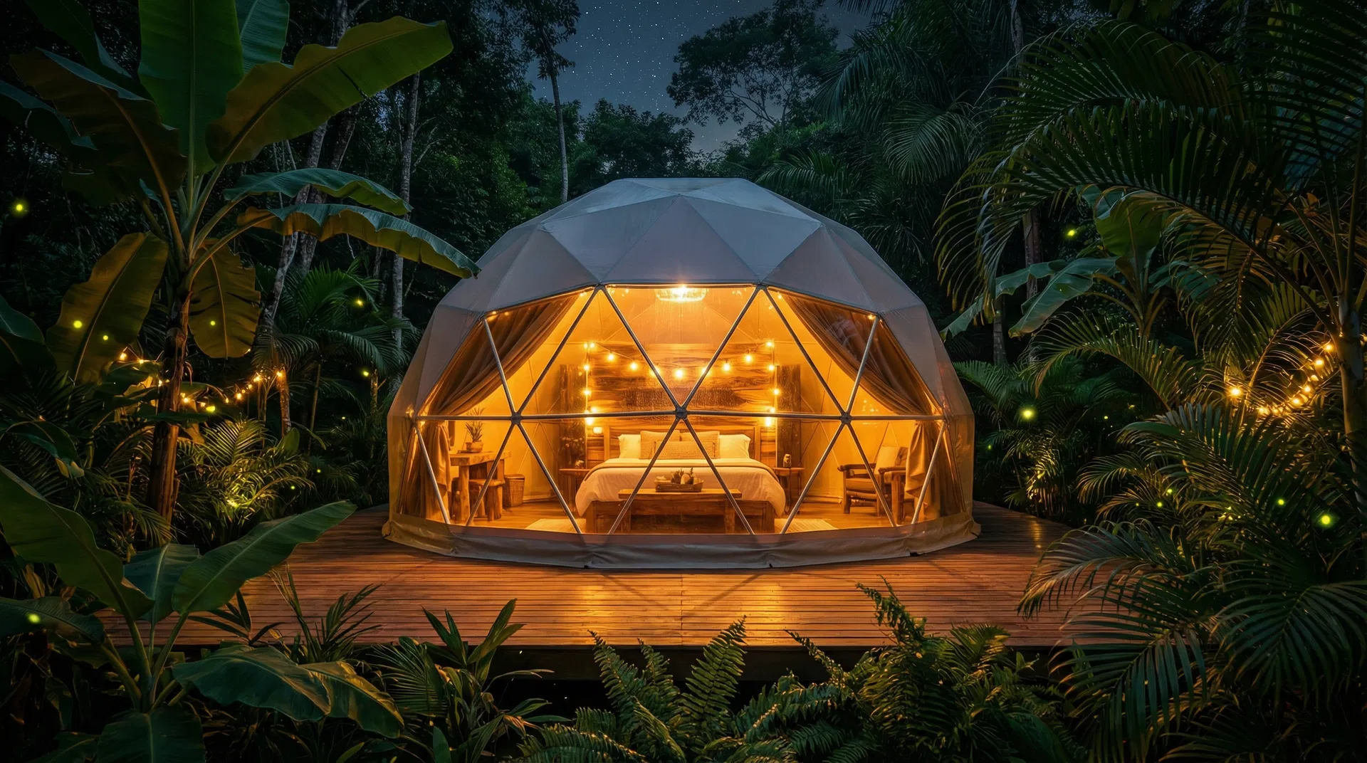 Luxury Jumei glamping dome glowing at night in the Mexican jungle — Jungle Dreams authorized dealer Jalisco Nayarit
