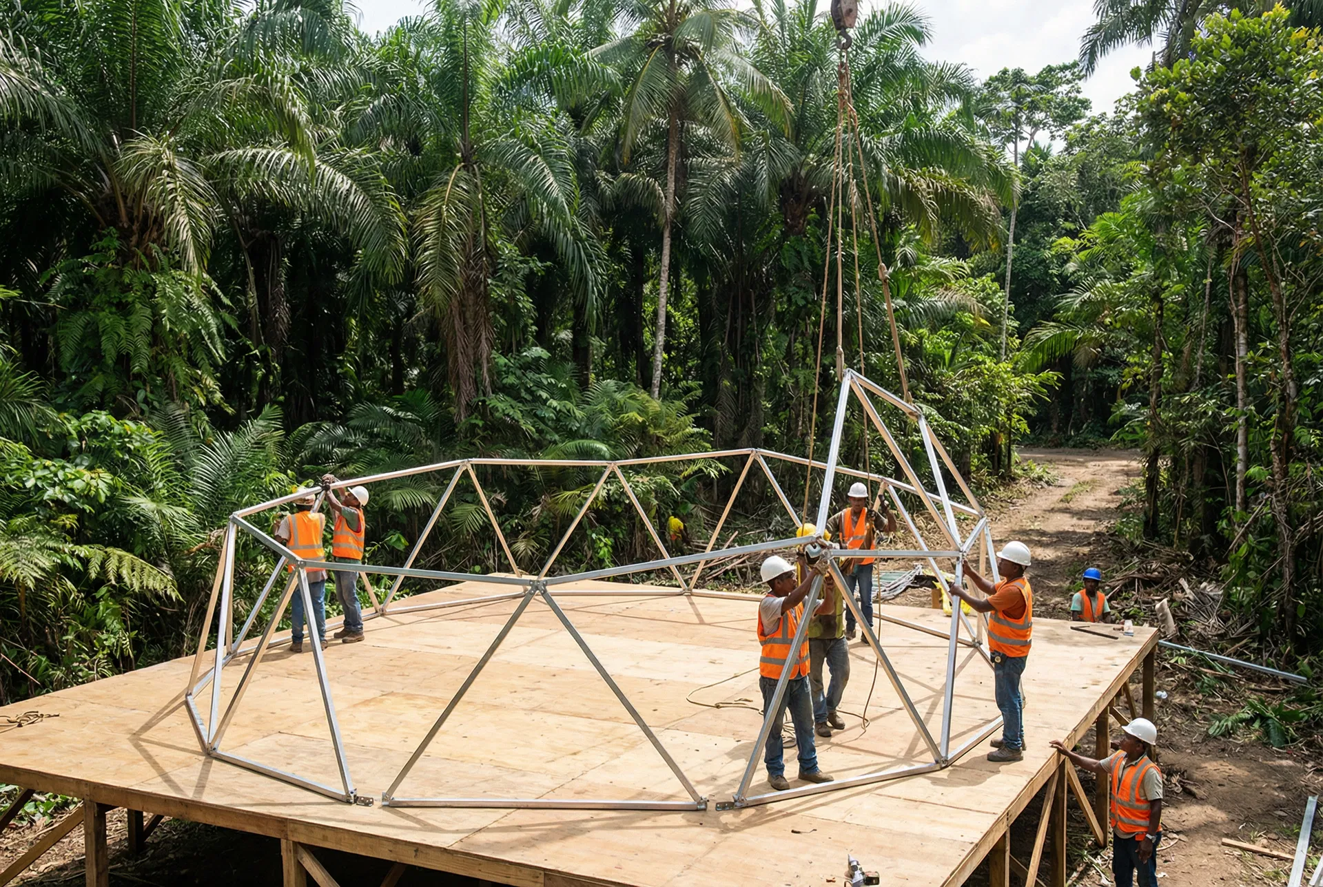 Professional glamping dome installation crew in western Mexico