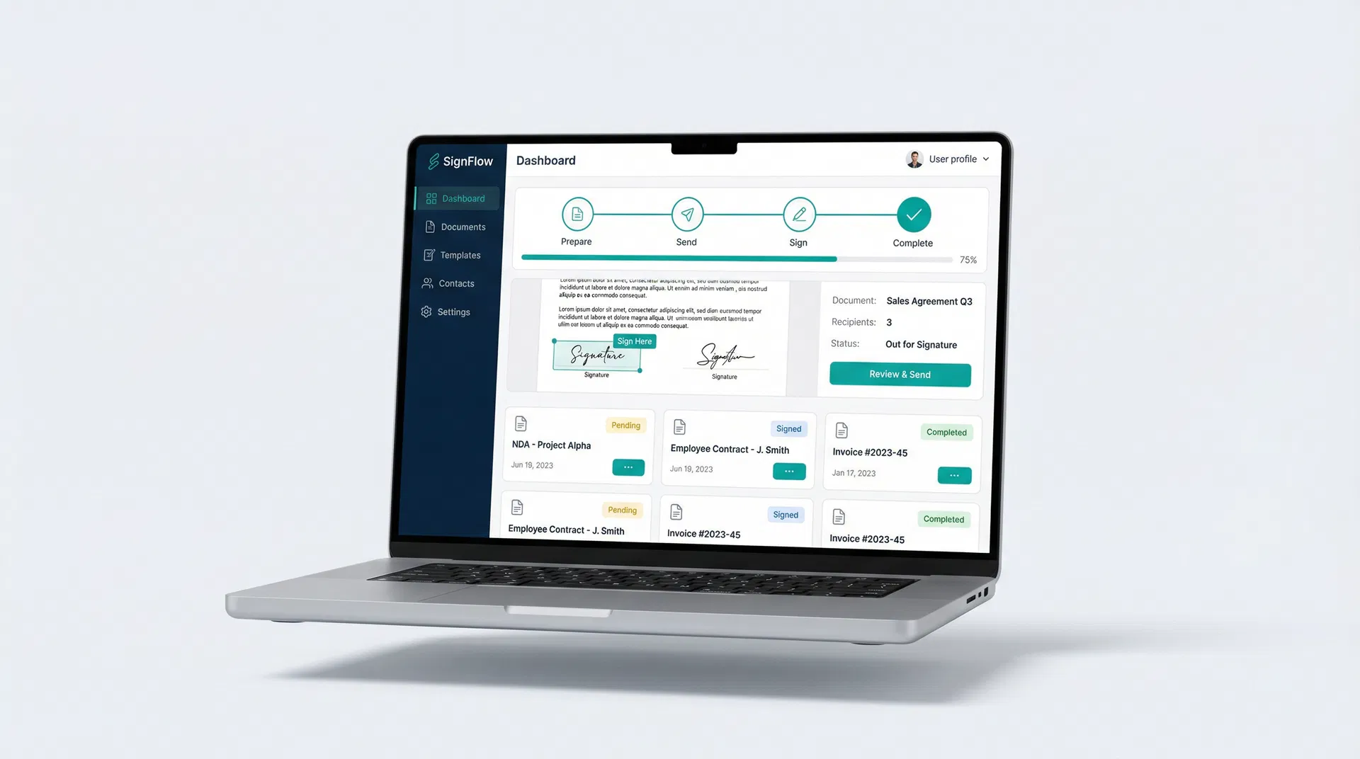 Settlio e-signature dashboard showing document workflow