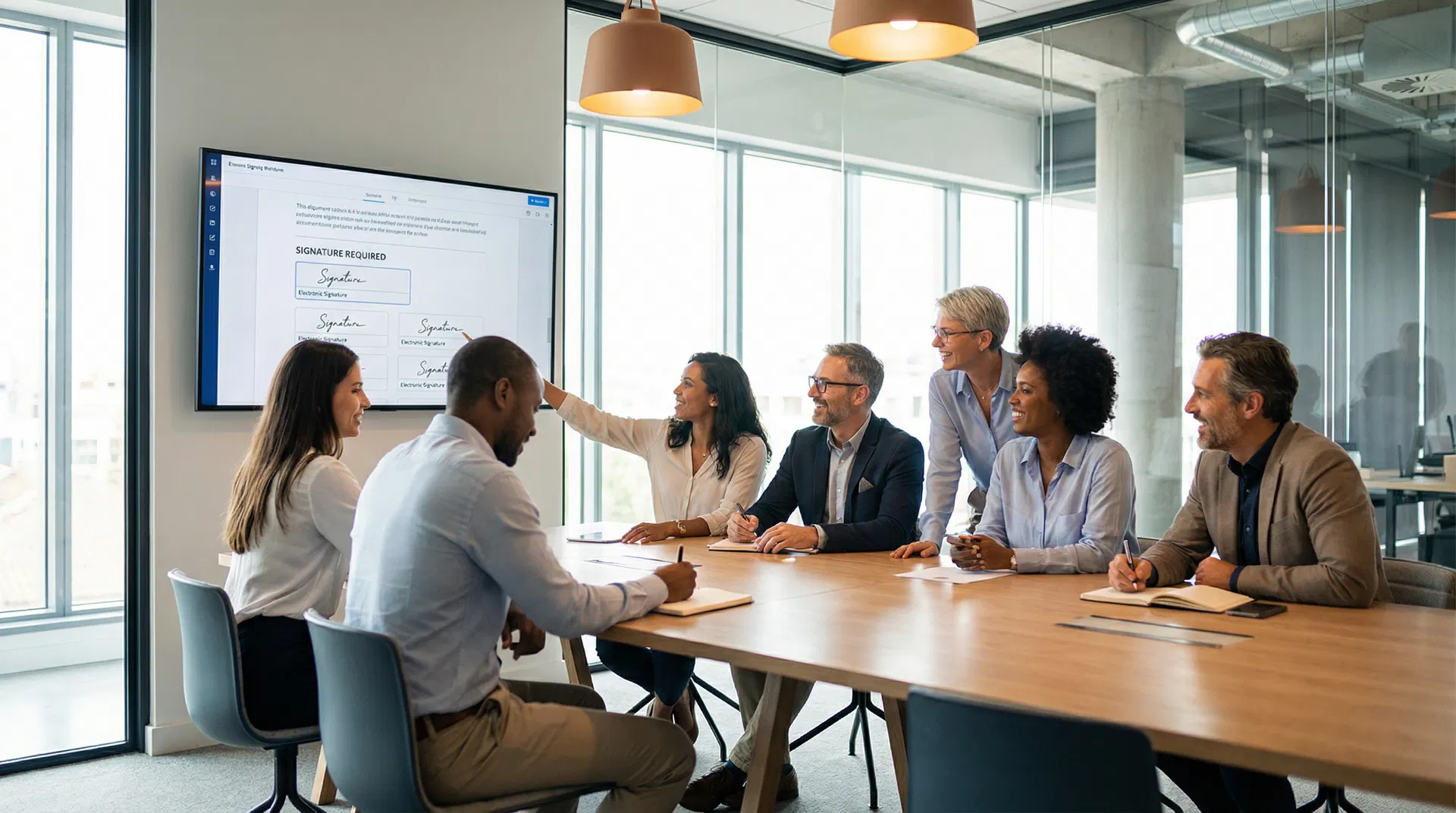 Professional team collaborating on document signing