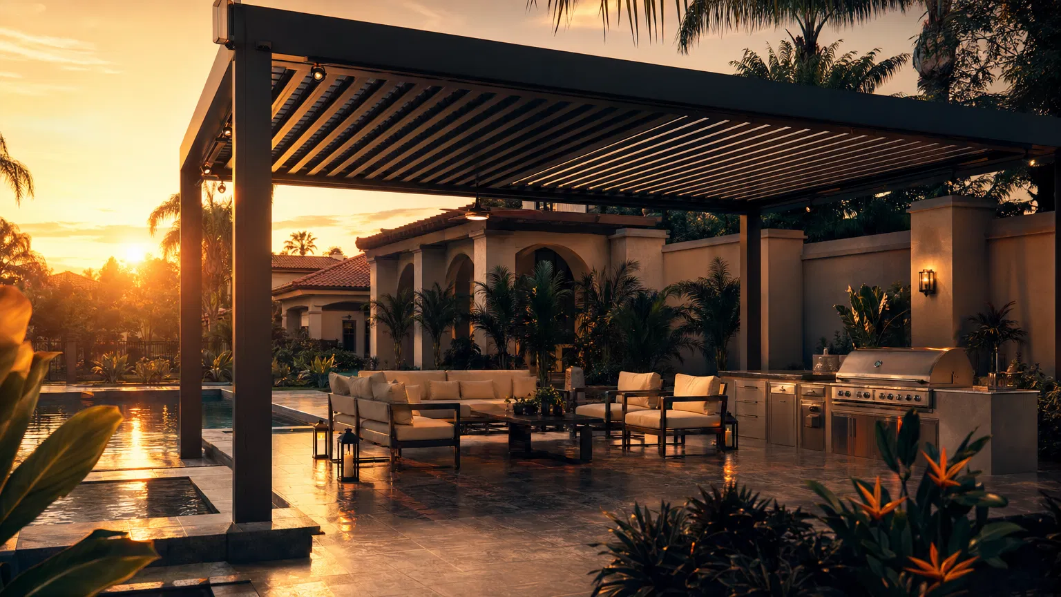 Custom aluminum pergola at golden hour in an Orlando backyard