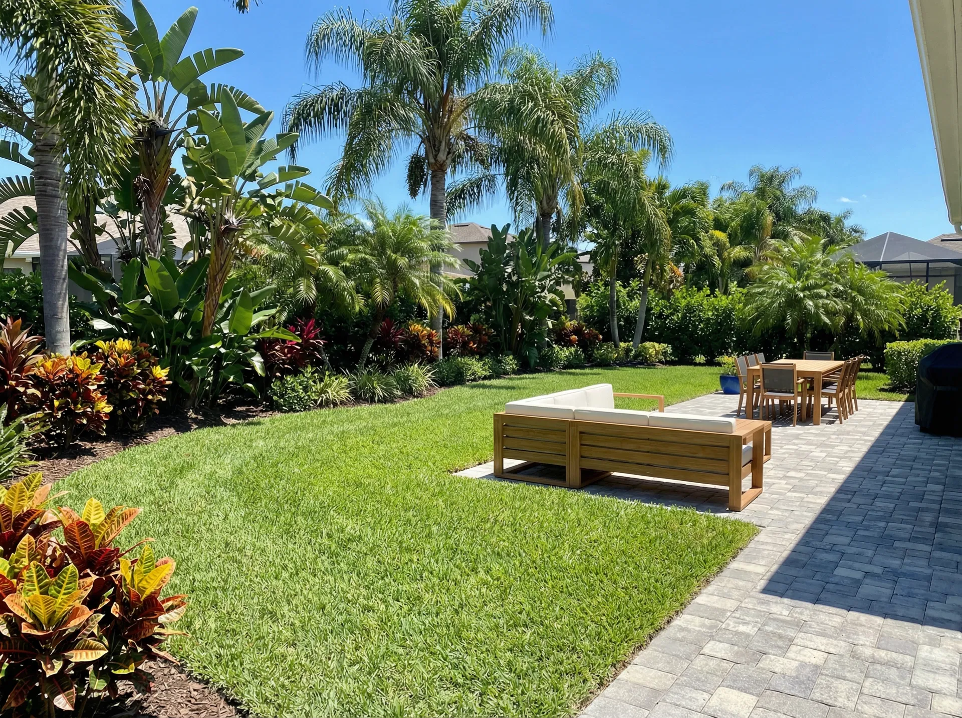 Beautiful clean backyard with manicured lawn and patio in Thornton Park Orlando after junk removal