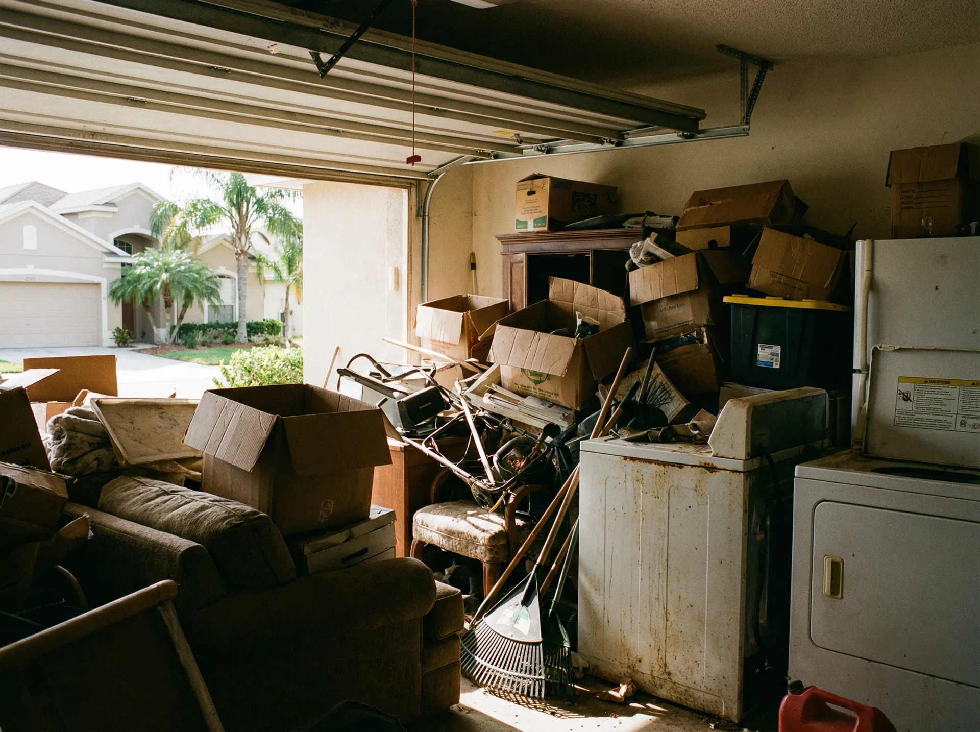 Cluttered garage full of old furniture boxes and appliances in College Park Orlando before junk removal