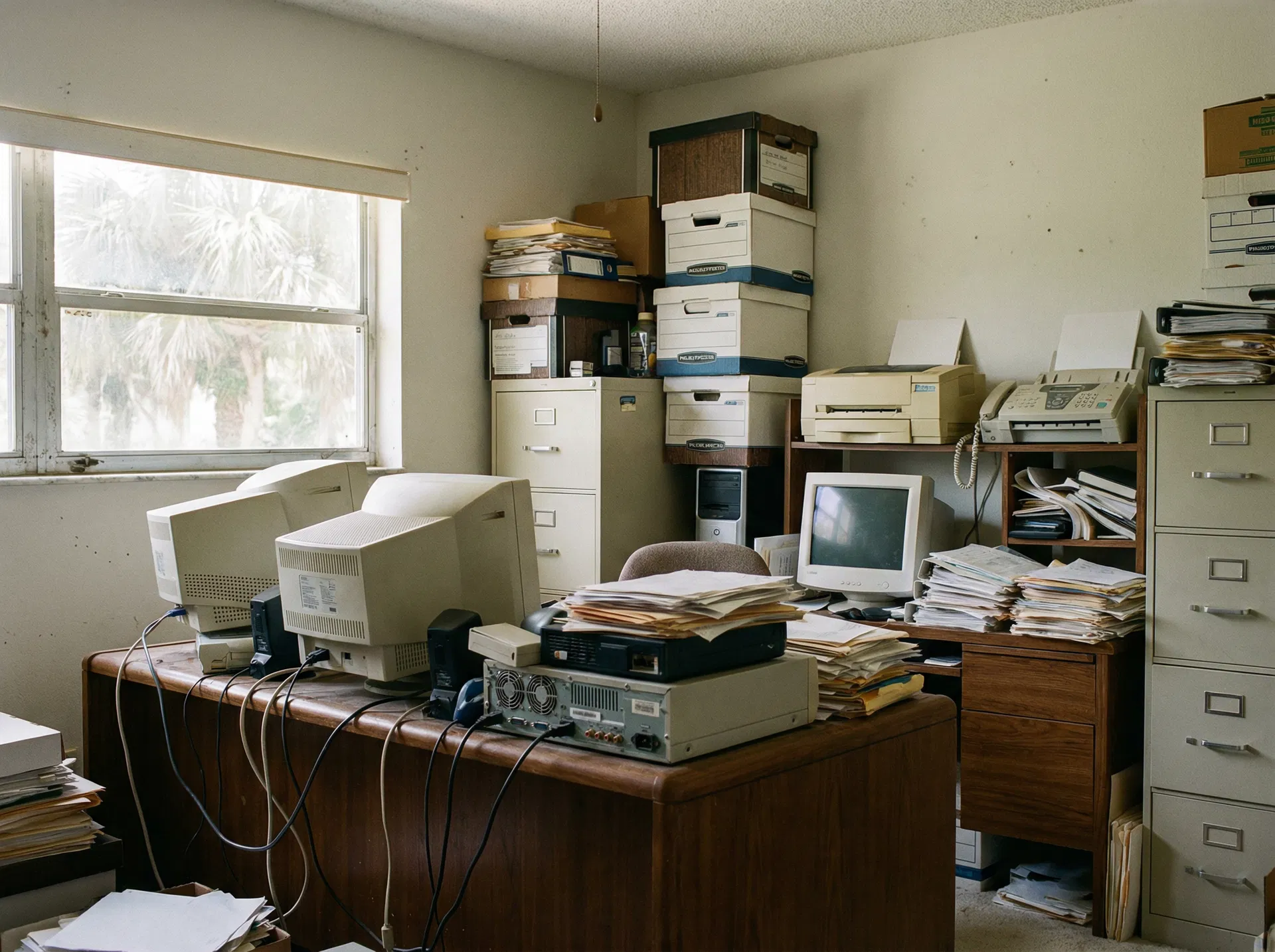 Cluttered home office with old computers monitors and filing cabinets in Lake Nona Orlando