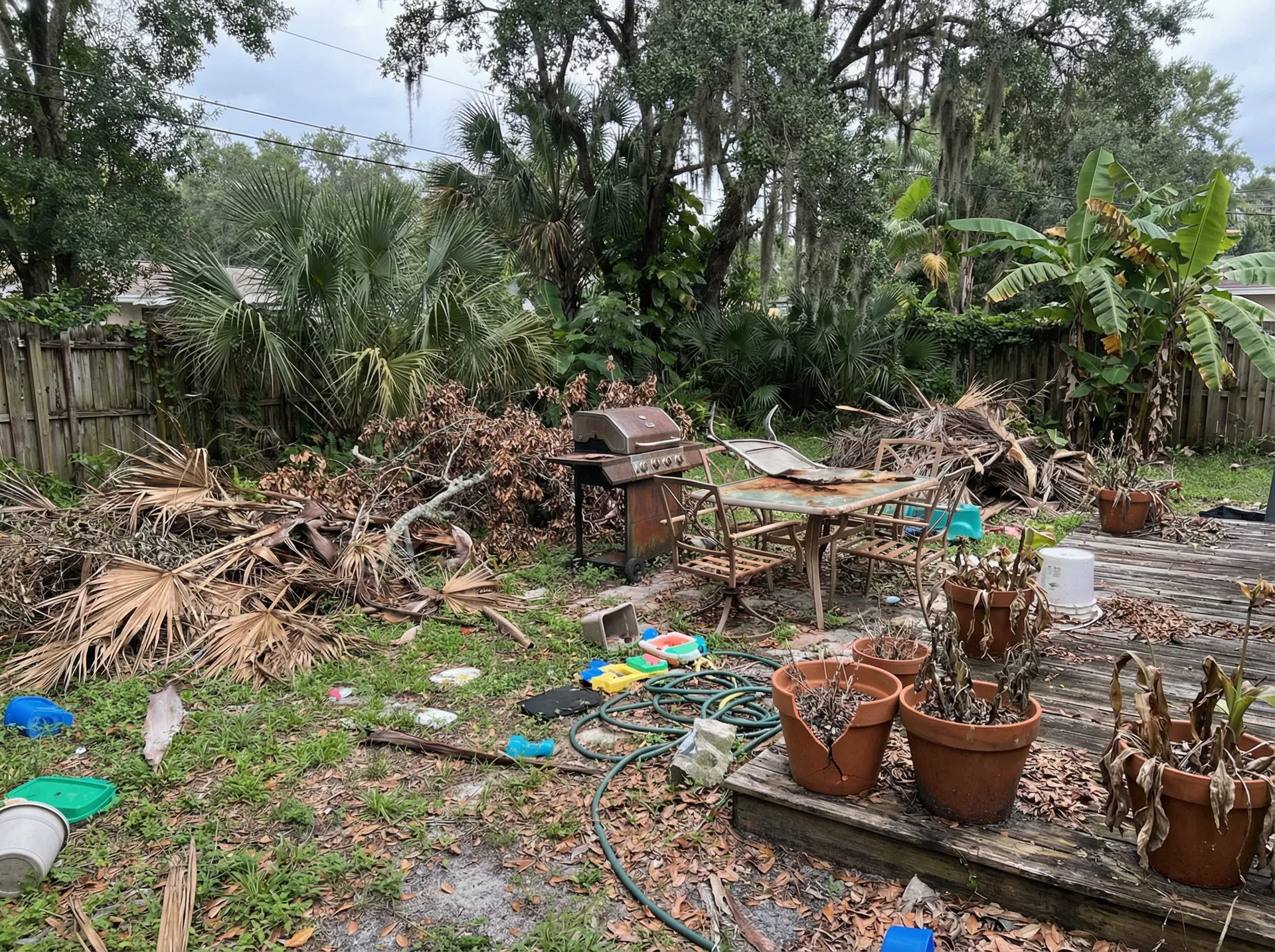 Messy backyard with palm fronds broken patio furniture and yard debris in Thornton Park Orlando