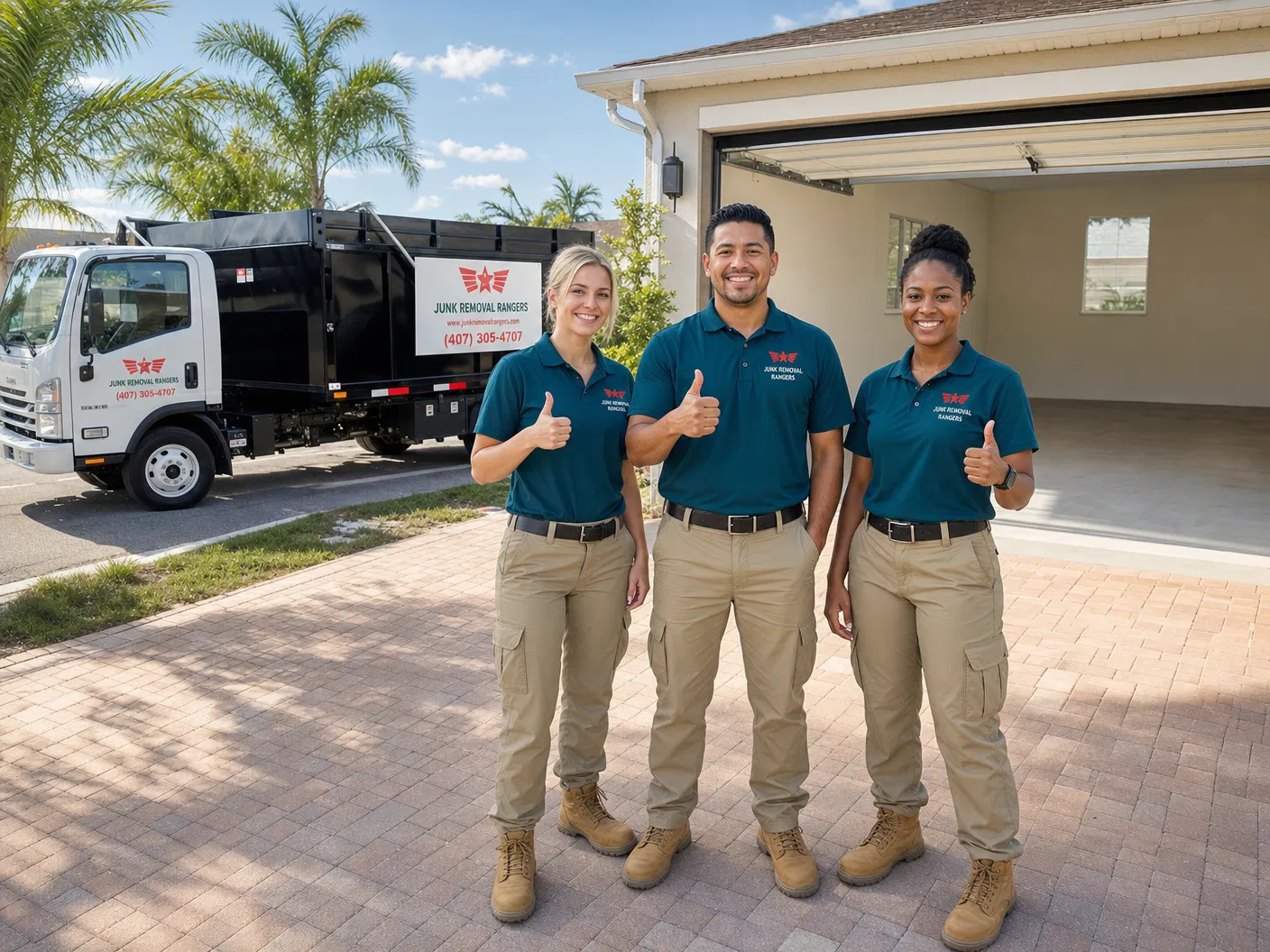 Junk Removal Rangers team completing a garage cleanout in Orlando