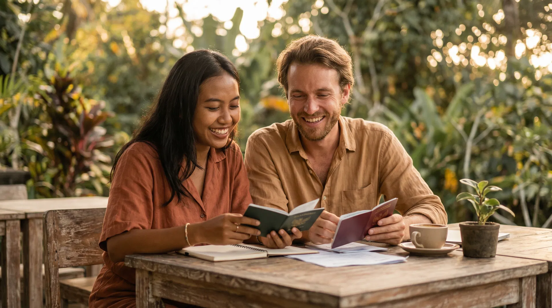 An Australian-Indonesian couple reviewing visa documents in Bali