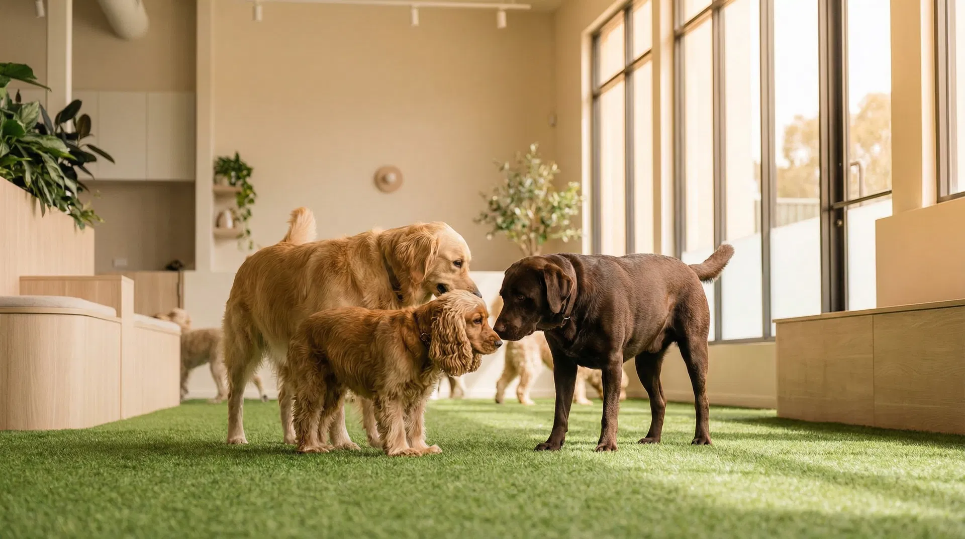 Happy dogs socialising at Oxford Pet Whisperers daycare