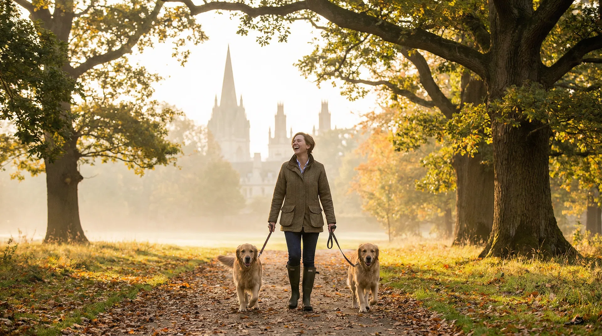 Person walking two golden retrievers through Oxford University Parks with spires in background