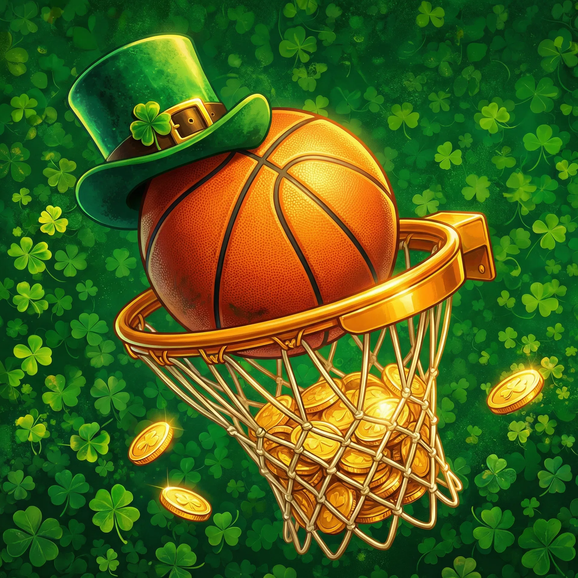 Basketball going into golden hoop