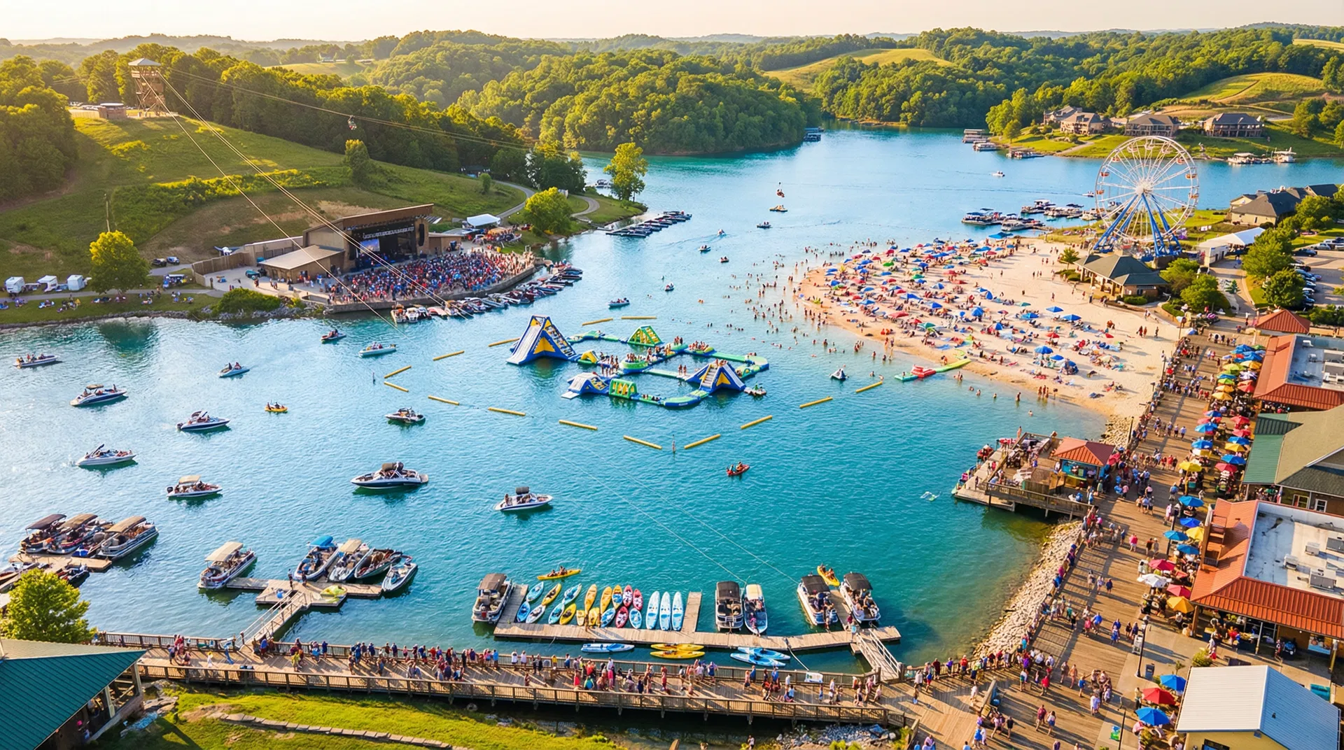 The Lake — massive natural lake with beach, dock, and pavilion