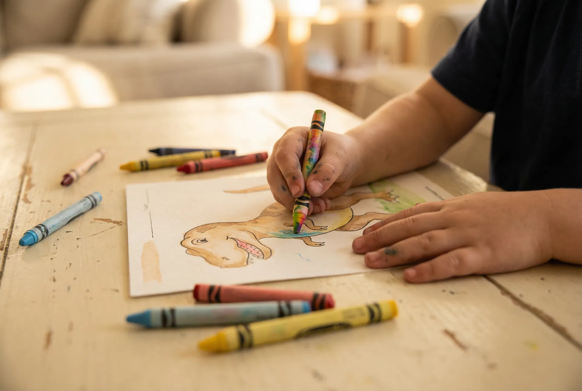 Child's hands coloring a dinosaur activity page with crayons