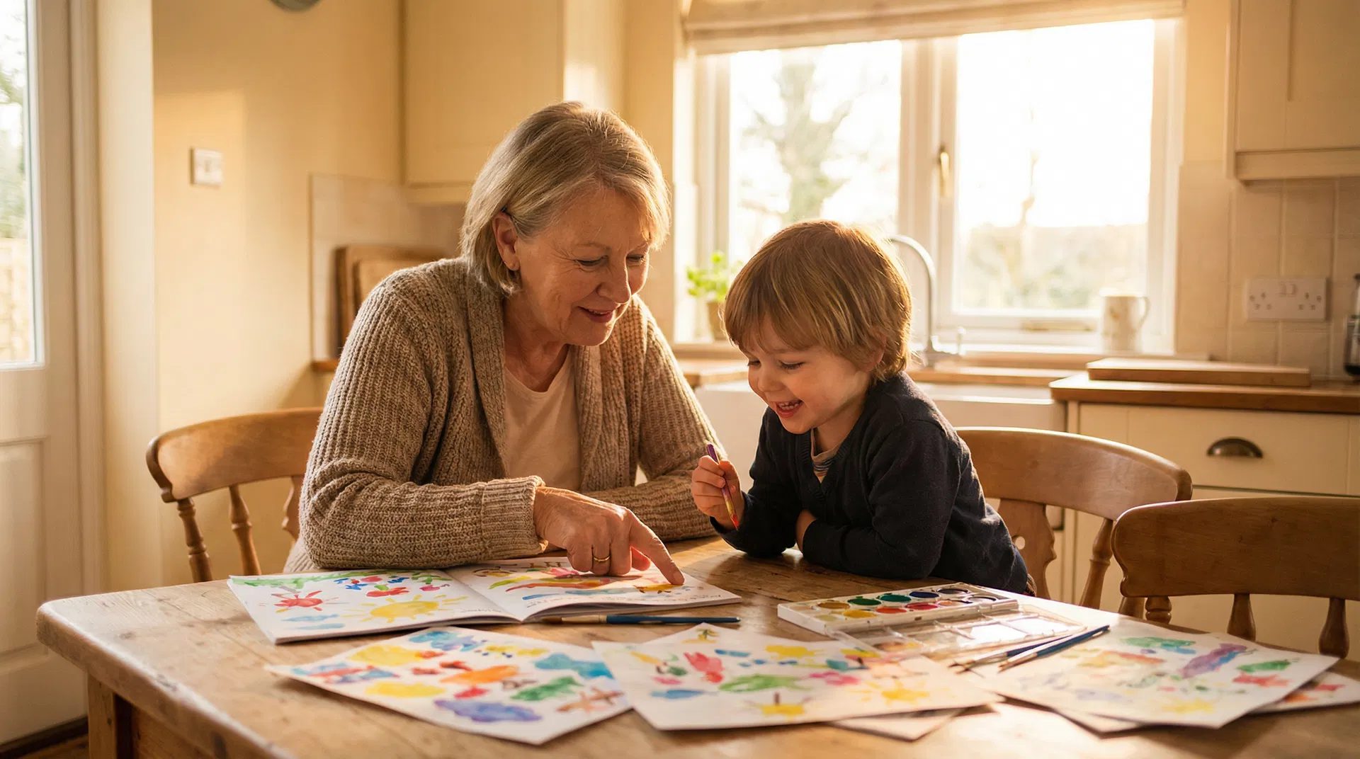 Grandmother and grandchild enjoying an activity pack together at a sunlit kitchen table