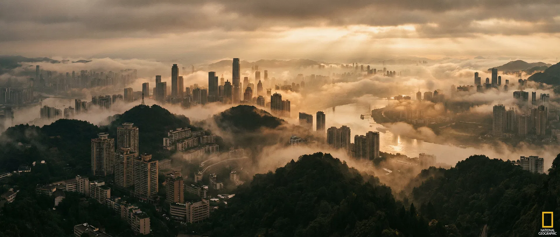 Chongqing skyline dissolving into morning fog
