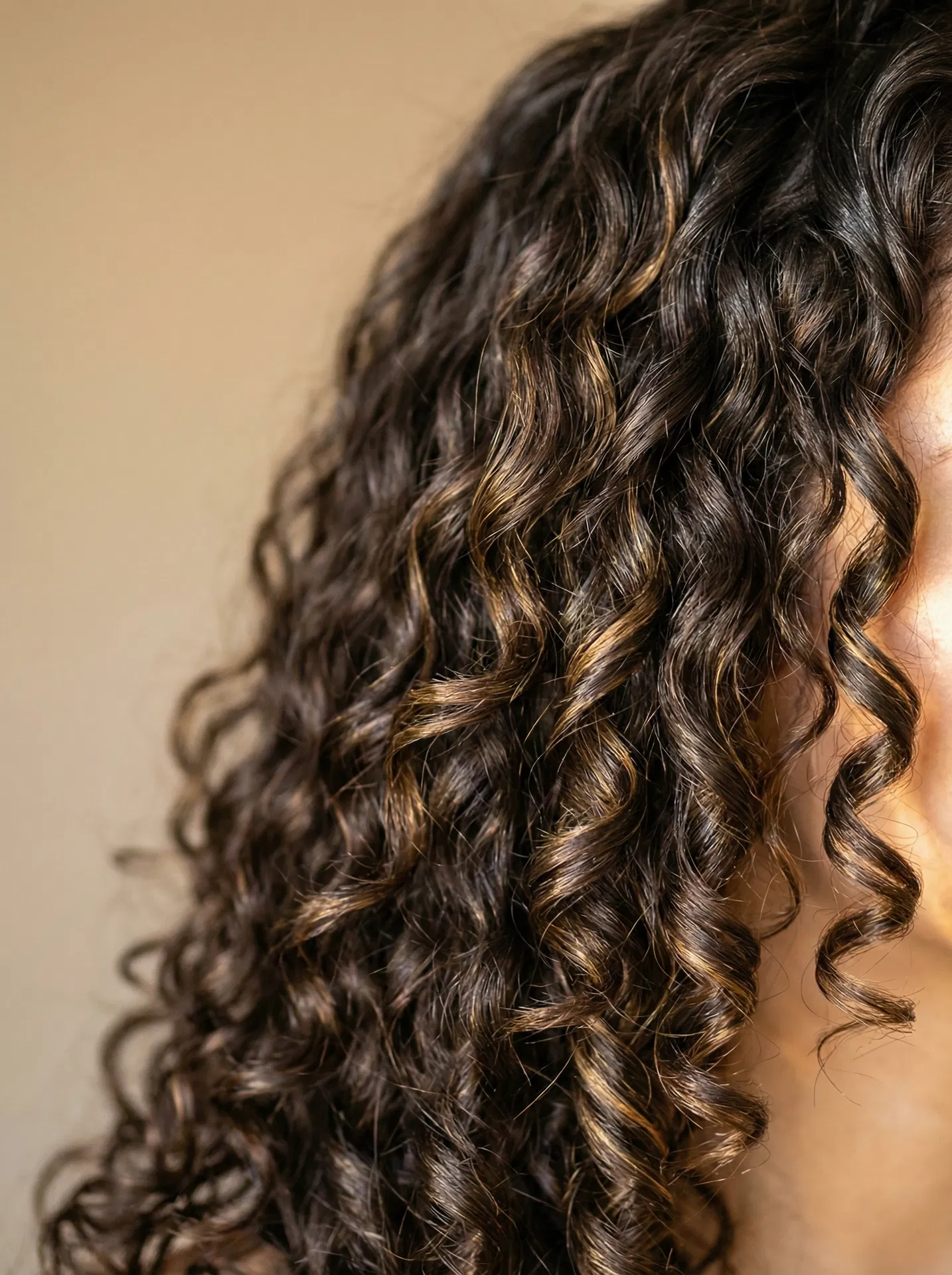 Defined curls with golden highlights