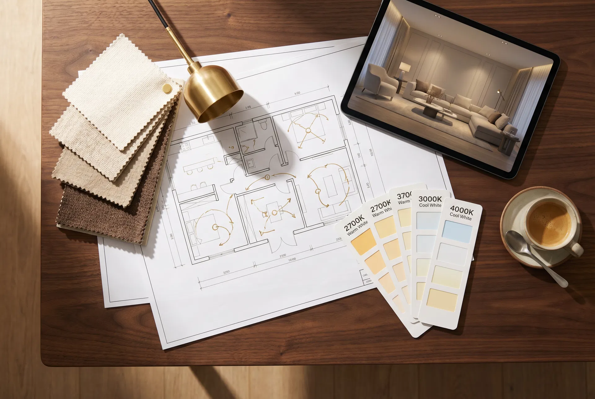 Lighting design consultation with floor plans and color temperature samples