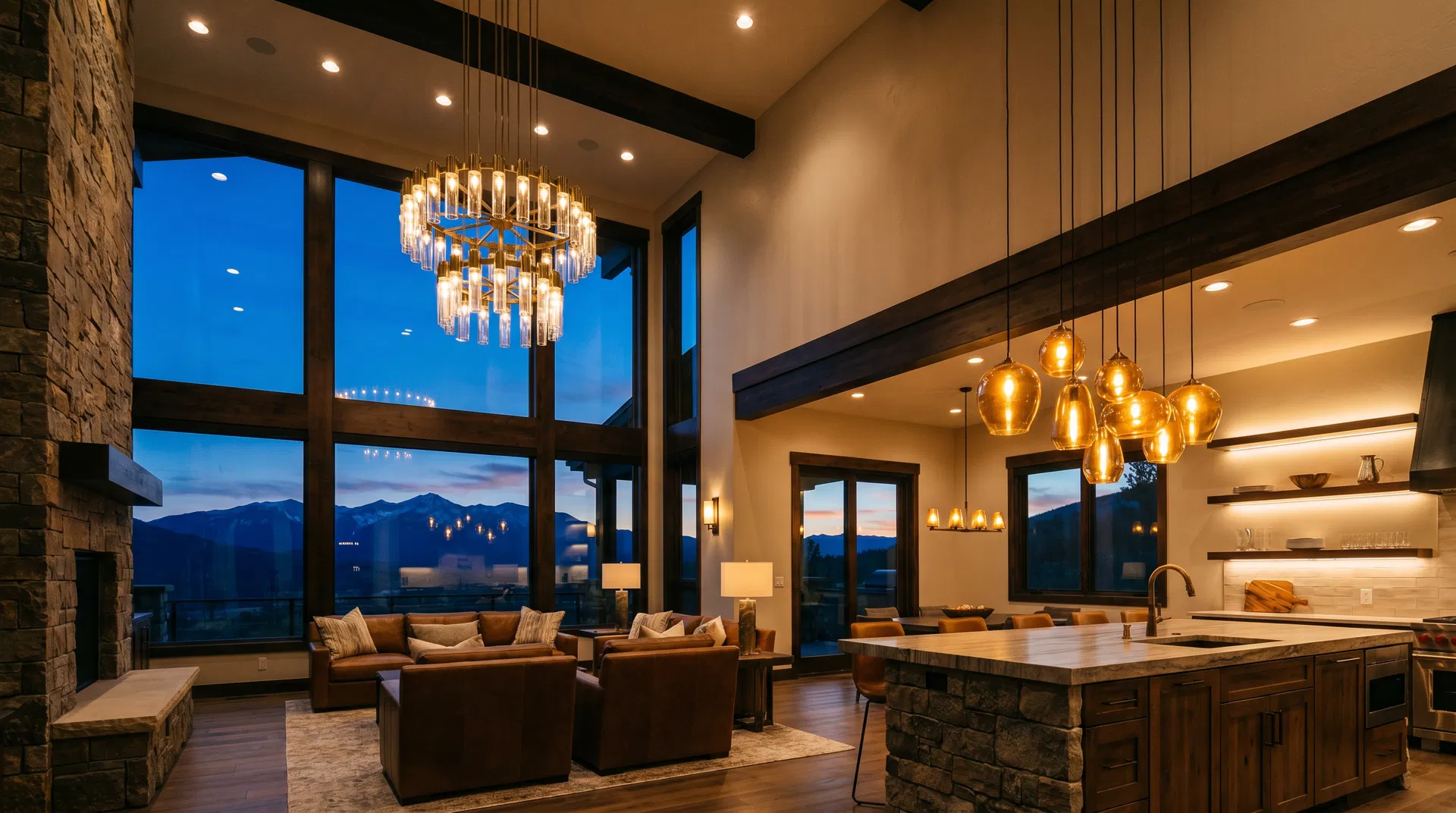 Luxury custom home with layered specialty lighting at twilight