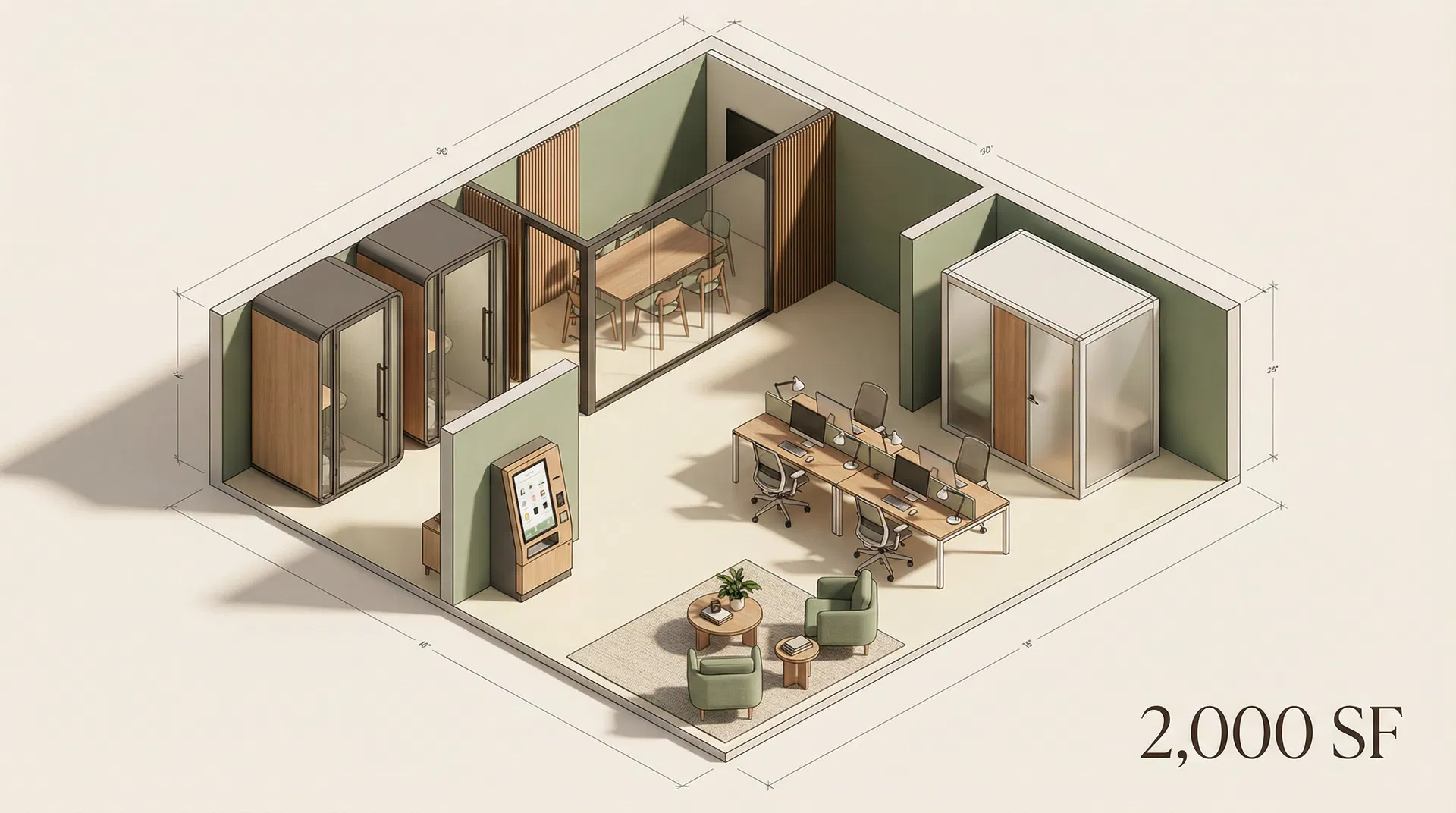 Compact Village layout — 2,000 sq ft with phone booths, meeting pod, hot desks, and vending kiosk