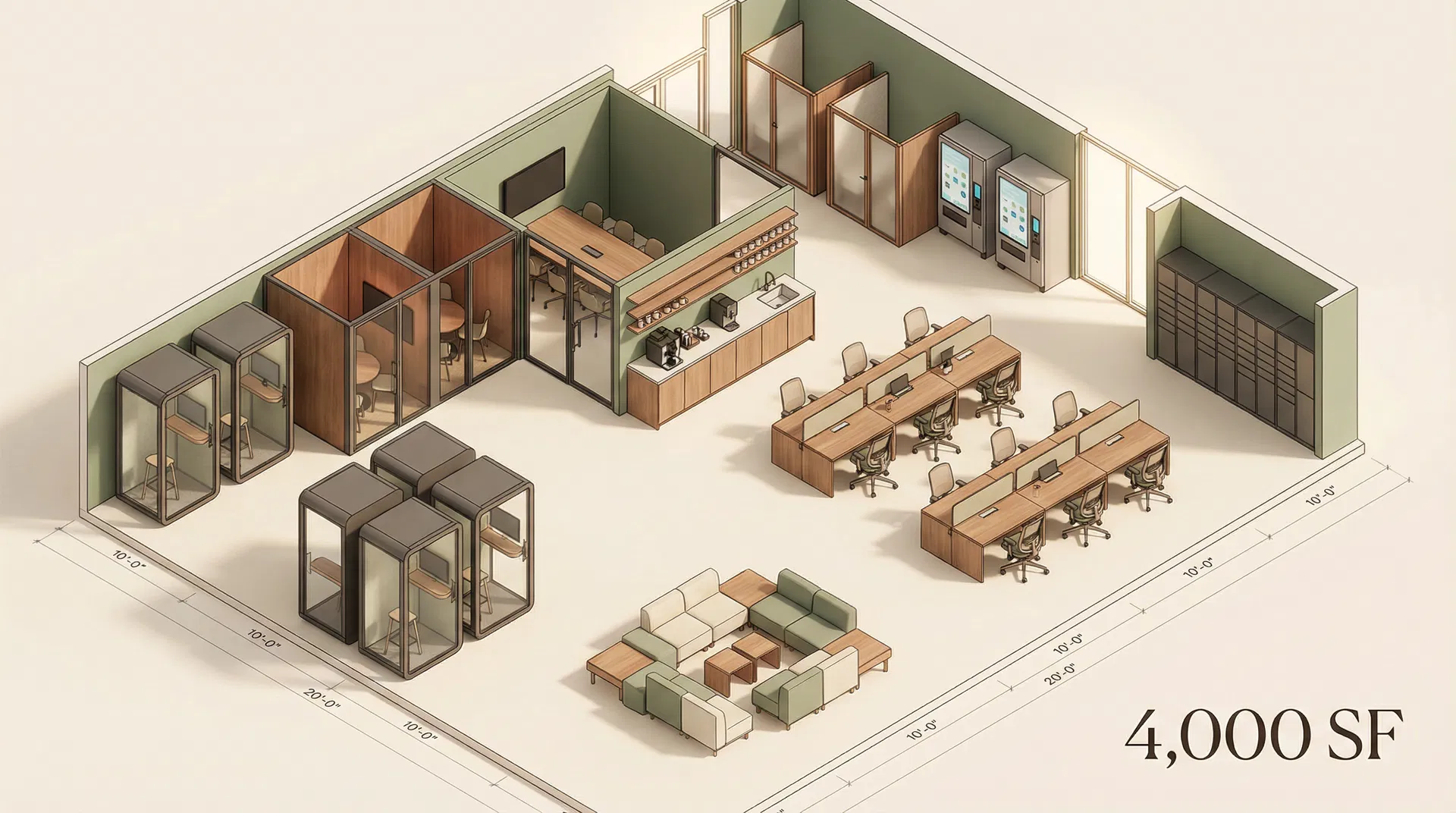 Standard Village layout — 4,000 sq ft with multiple pods, conference room, lounge, and smart lockers