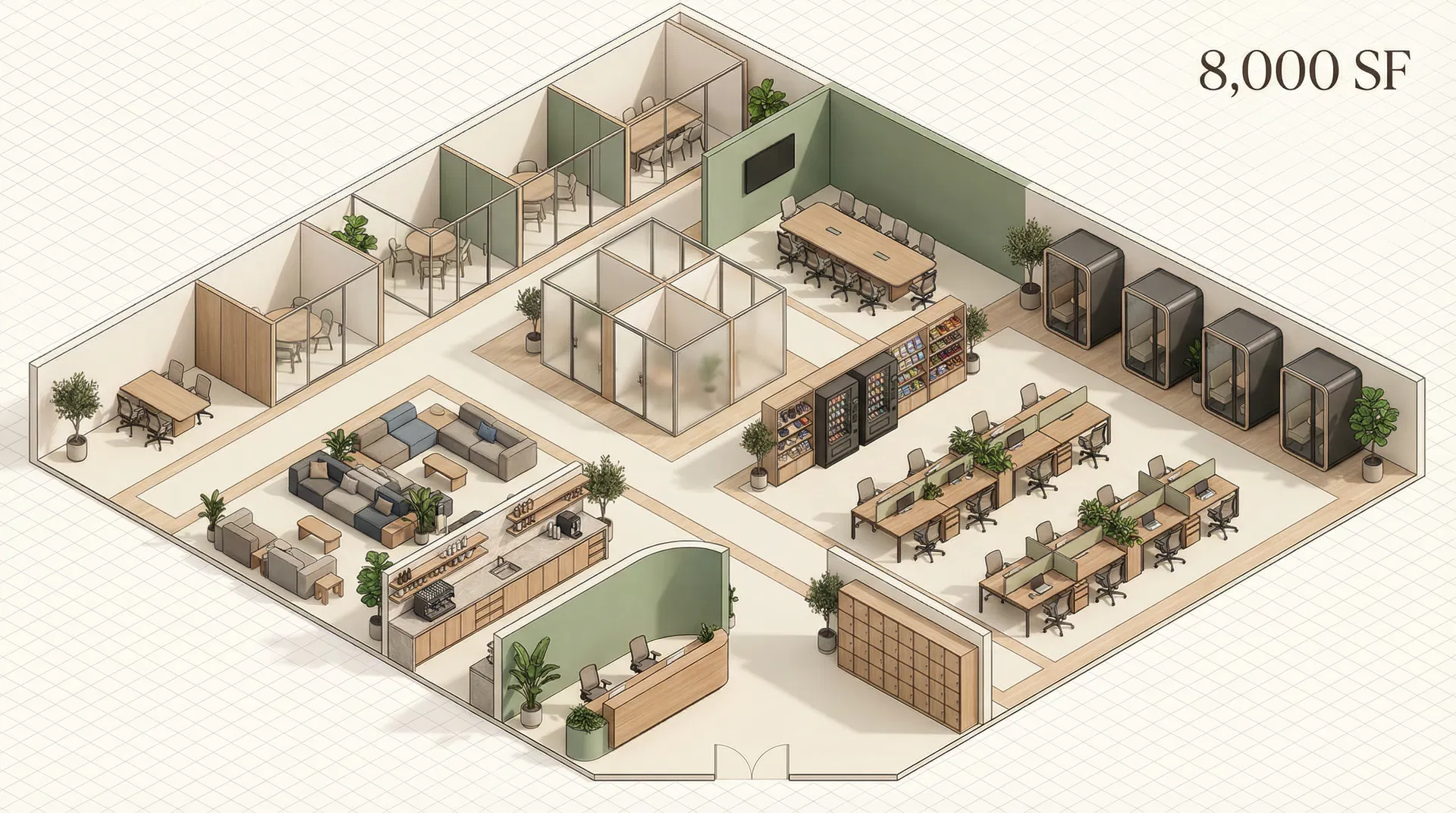 Full Village layout — 8,000 sq ft with complete ecosystem including boardroom, reception, and supply zone