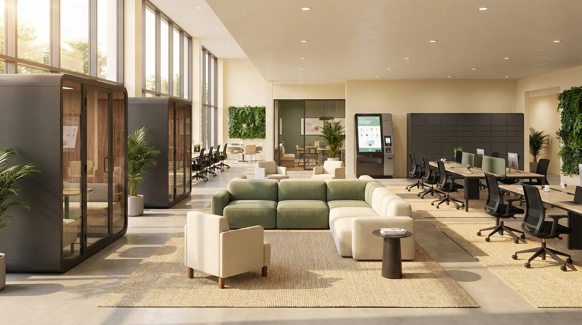 The Flex Village — interior architectural rendering showing pods, collaboration zones, vending kiosk, and smart lockers