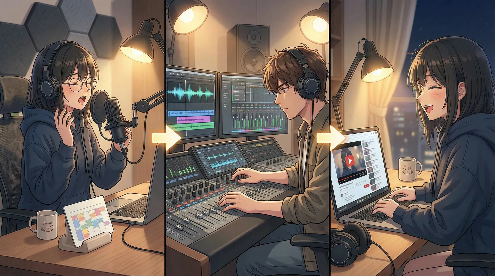 録音して送信→数日後に完成データが届く→投稿ボタンを押す3コマフロー