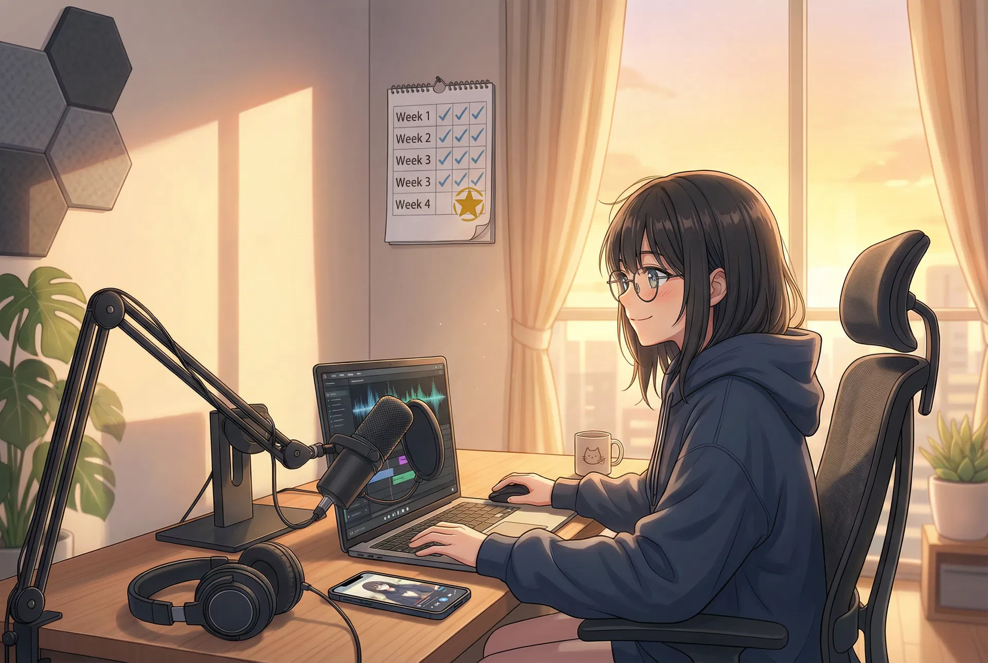 壁のカレンダーにWeek1〜4のチェックが入り、月末に投稿完了