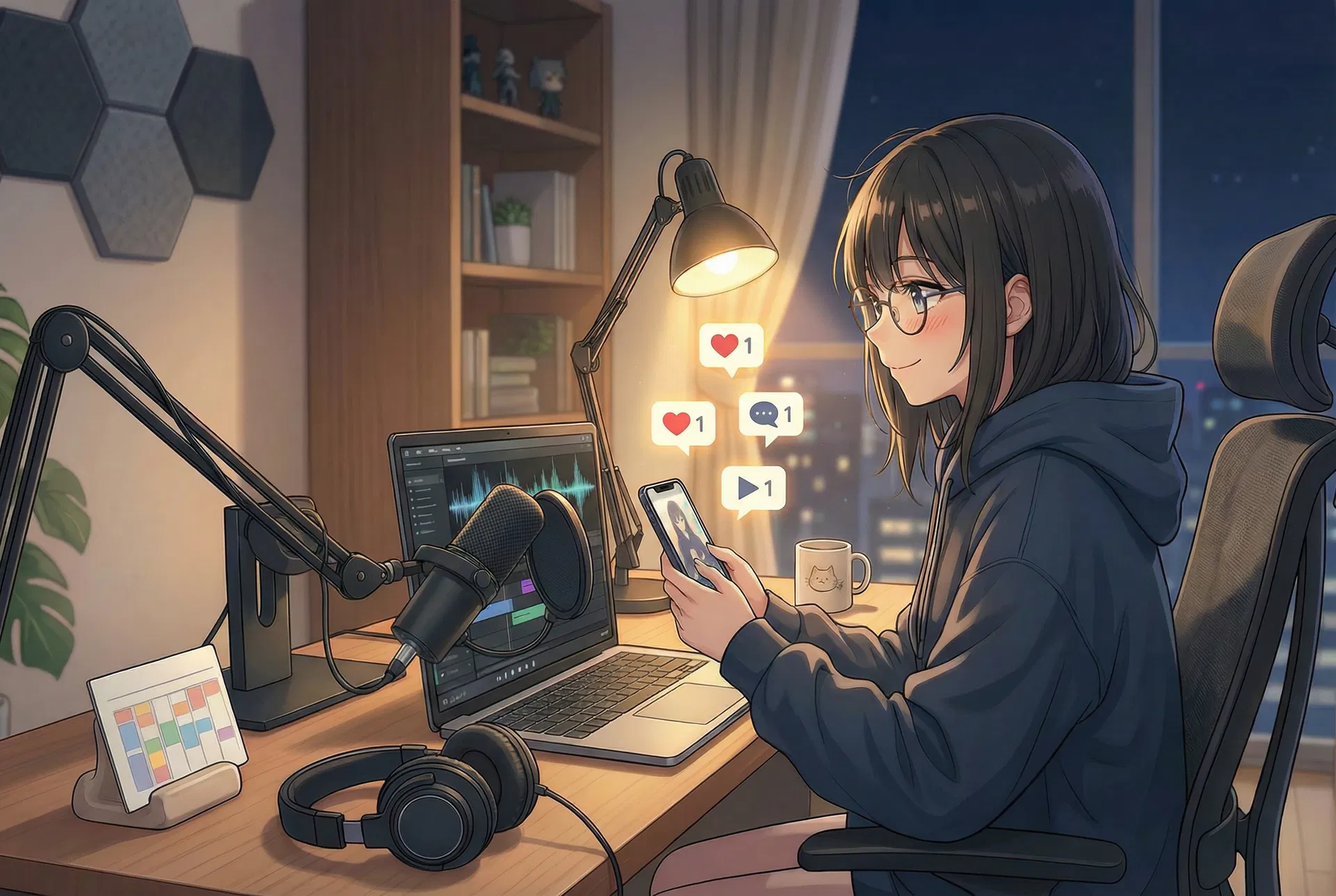 投稿後、いいねやコメントの通知を見て静かに微笑む