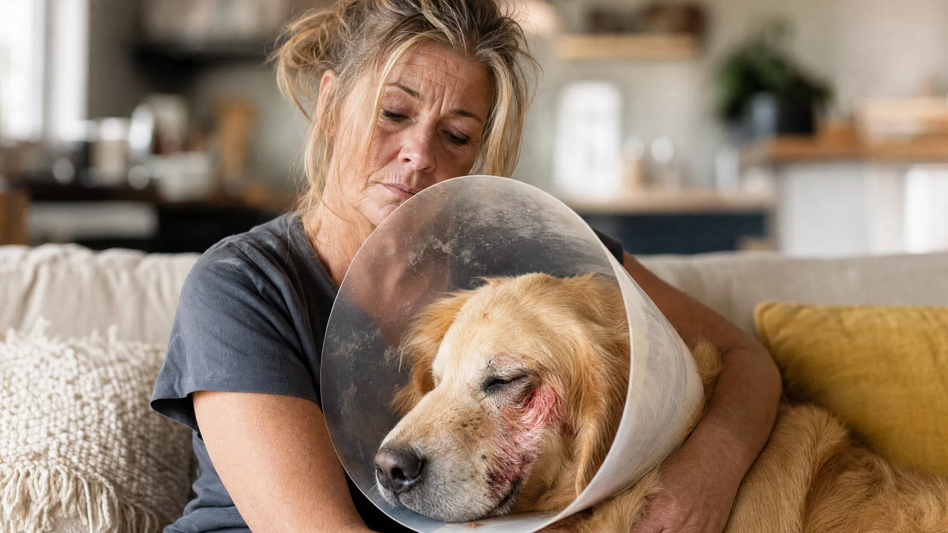 Dog owner comforting her dog
