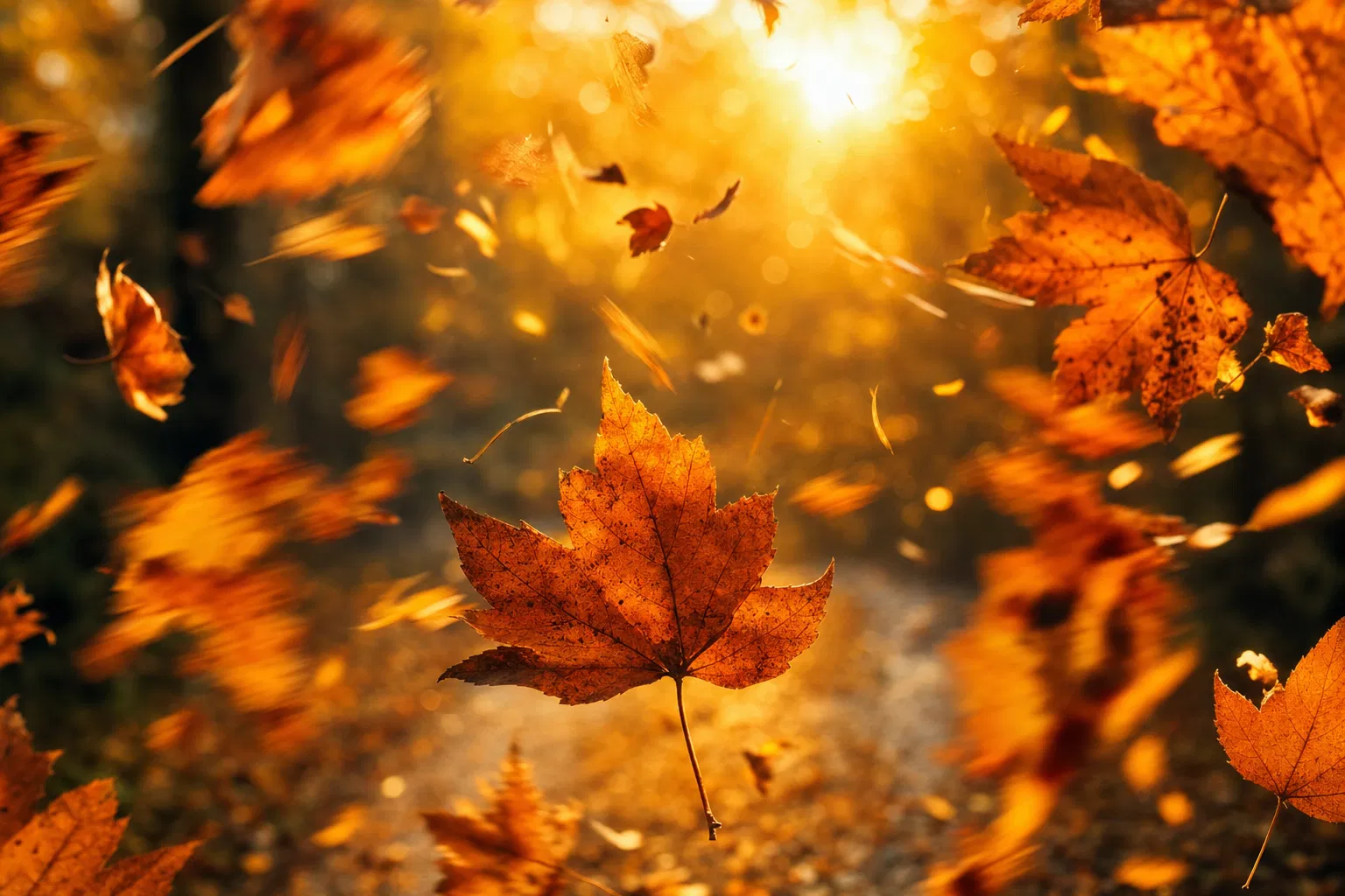 Dynamic autumn leaves in warm golden light