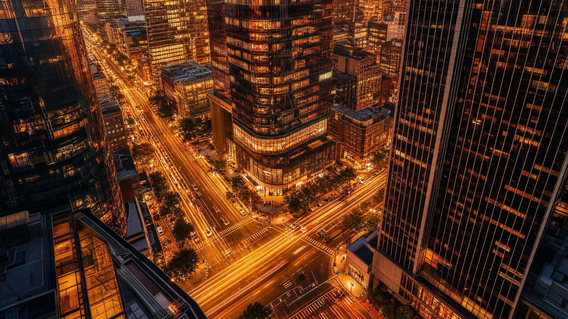 Dynamic cityscape at golden hour