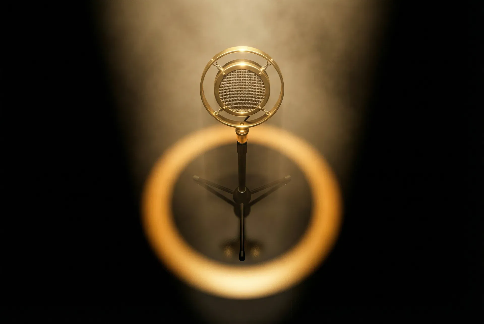 Gold vintage microphone under spotlight