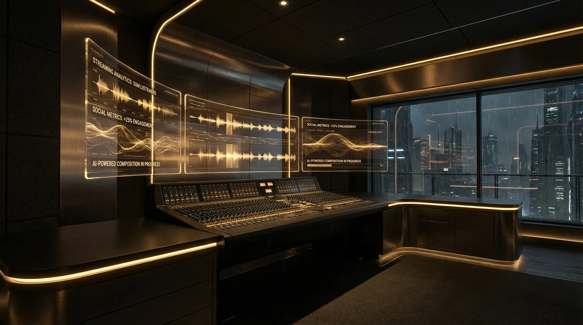 AI-powered music production studio with holographic displays