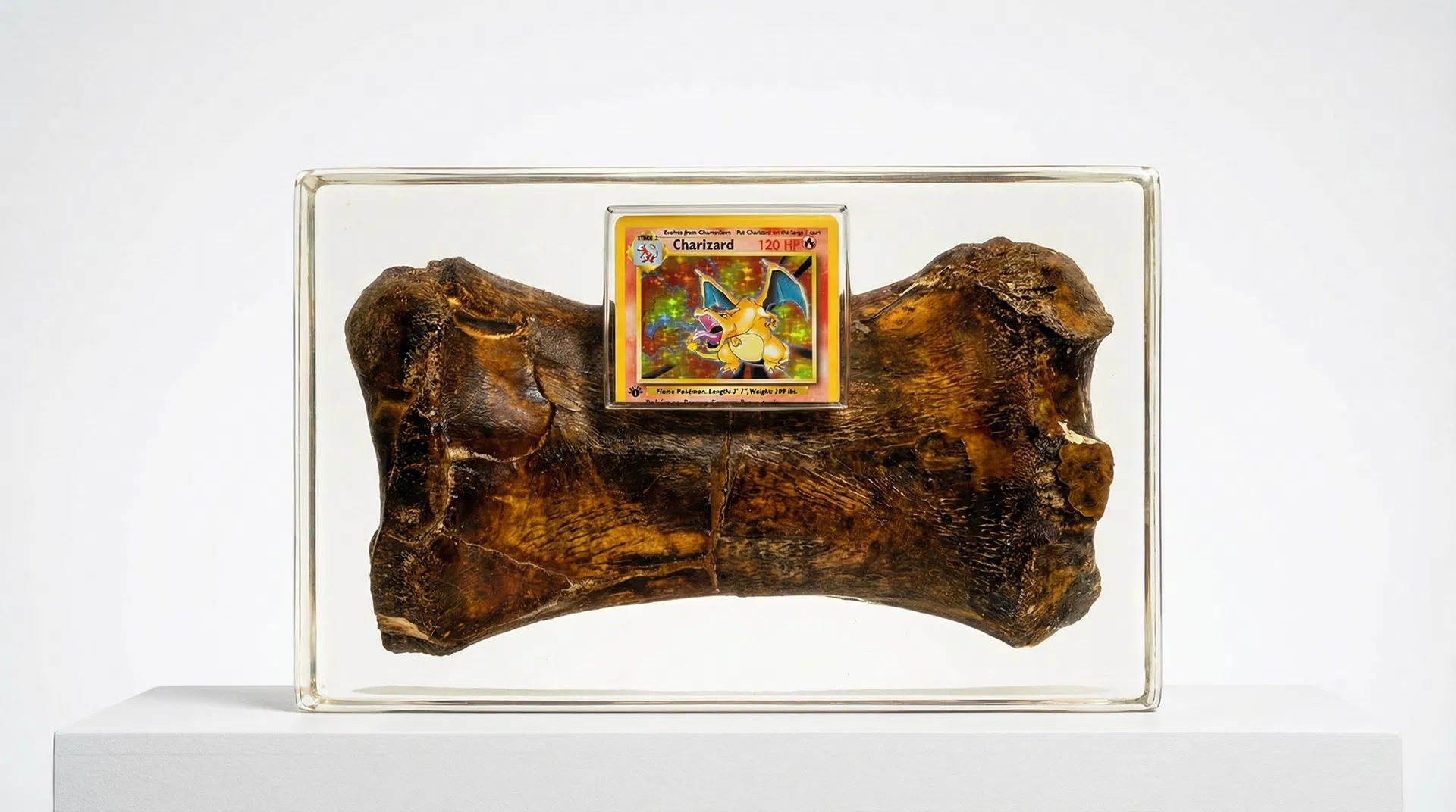 Fossil specimen with sealed Pokémon card