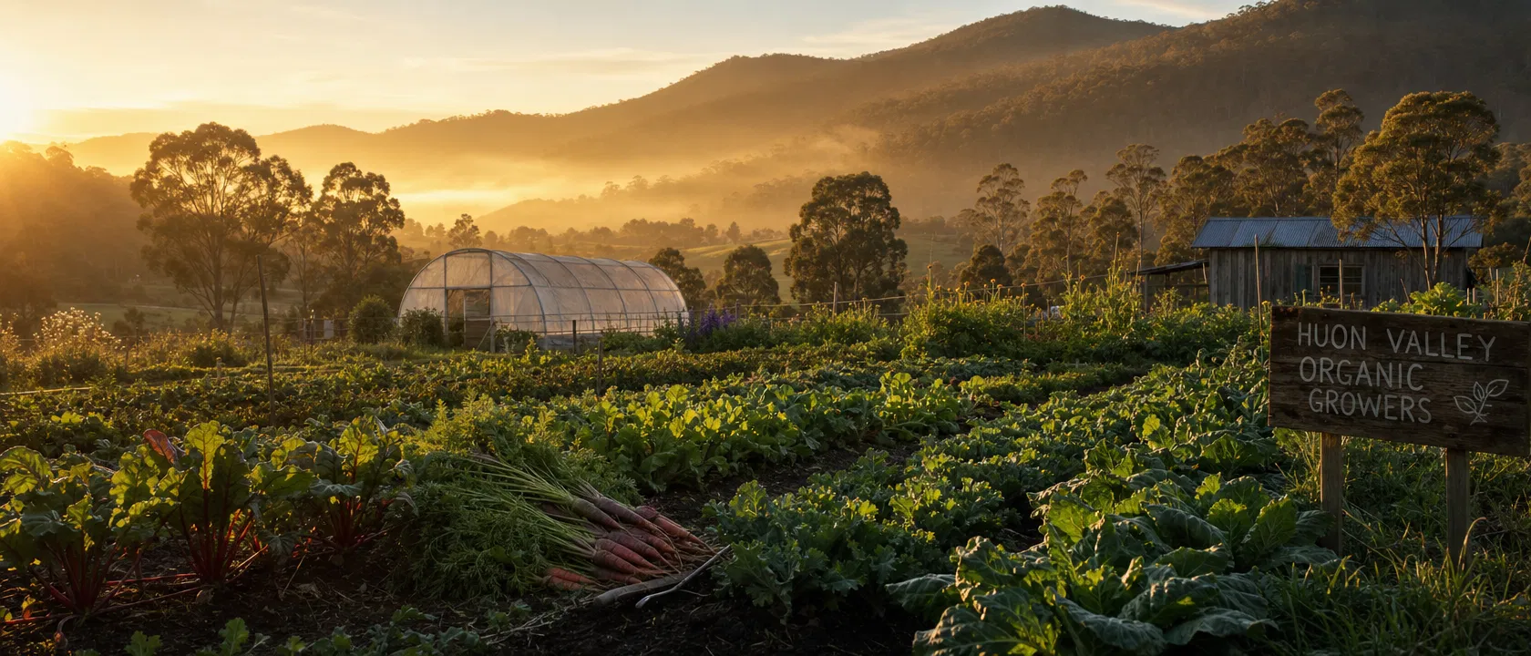 Sparrow Foot Farm at golden hour in the Huon Valley