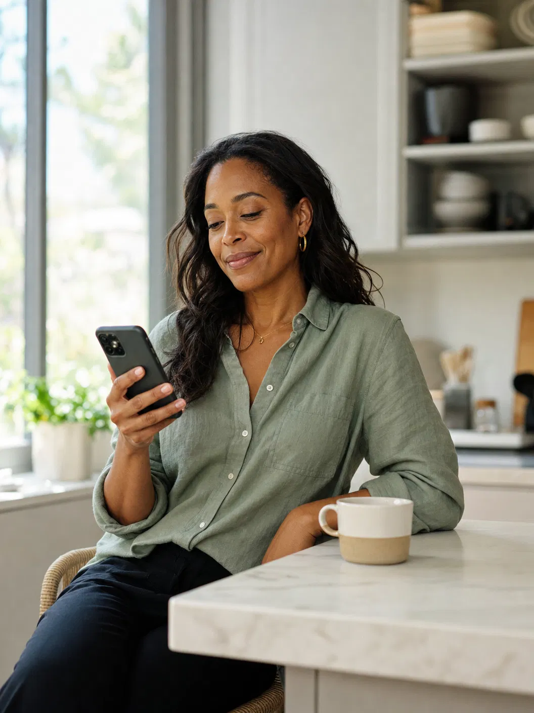 Black woman in kitchen with coffee