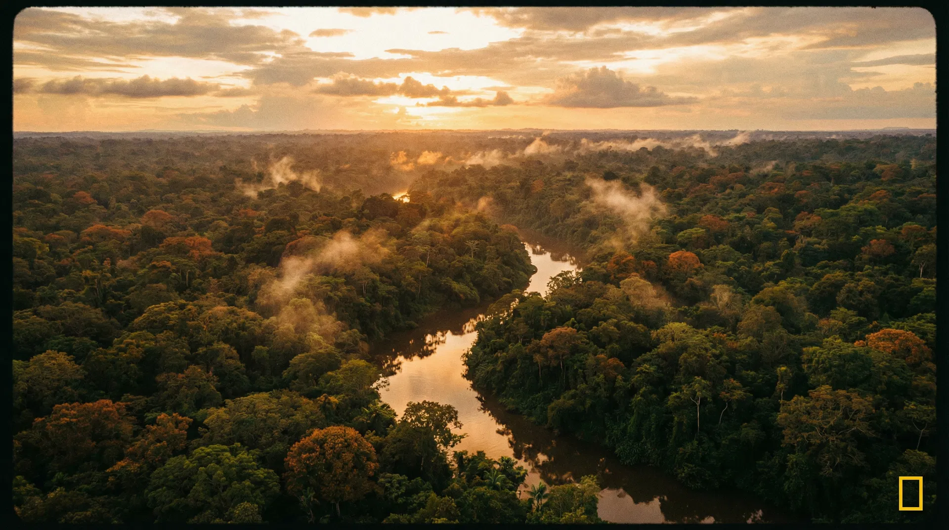 Vista aérea da floresta amazônica ao entardecer