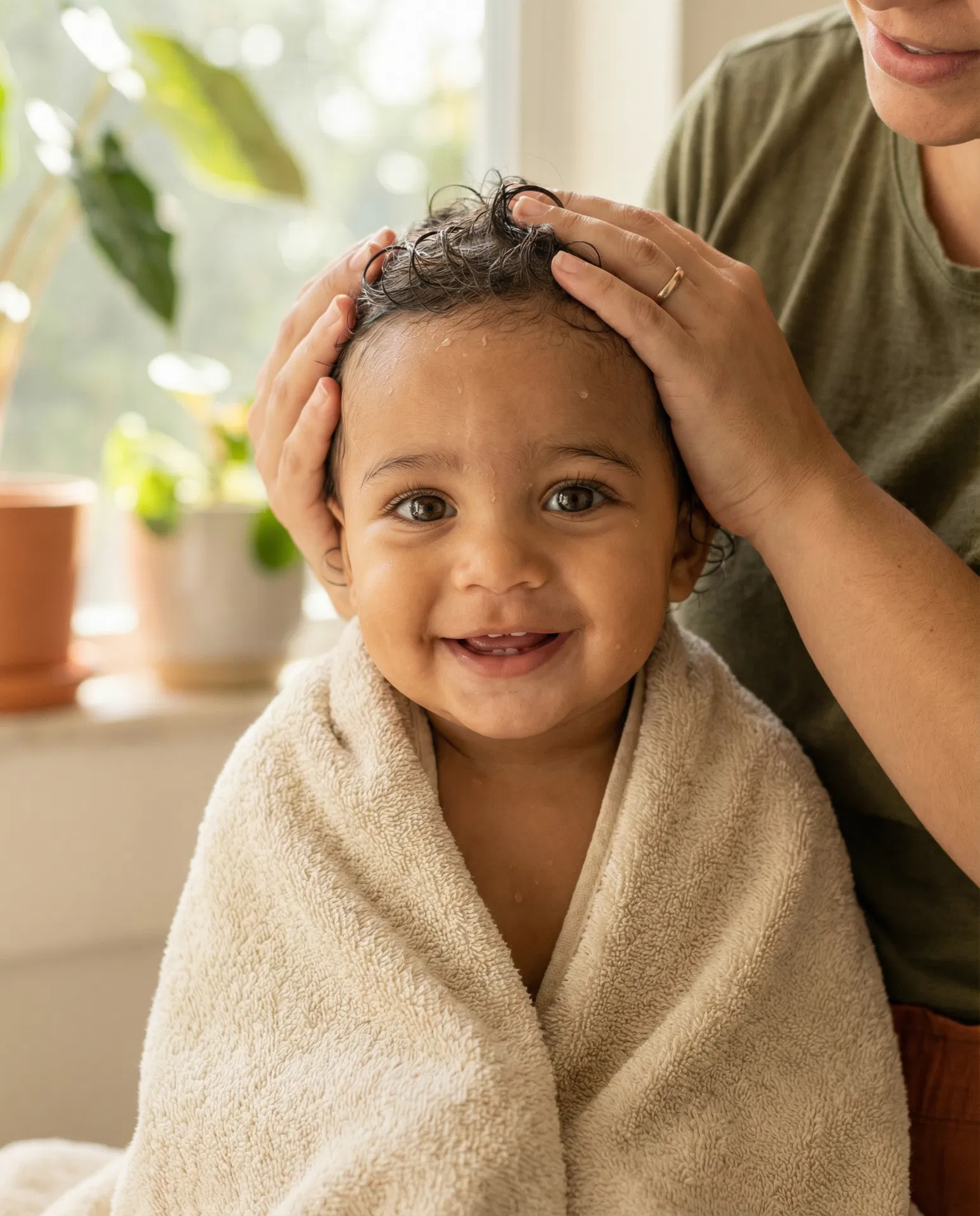 Bebê feliz após o banho com produtos Amaéco