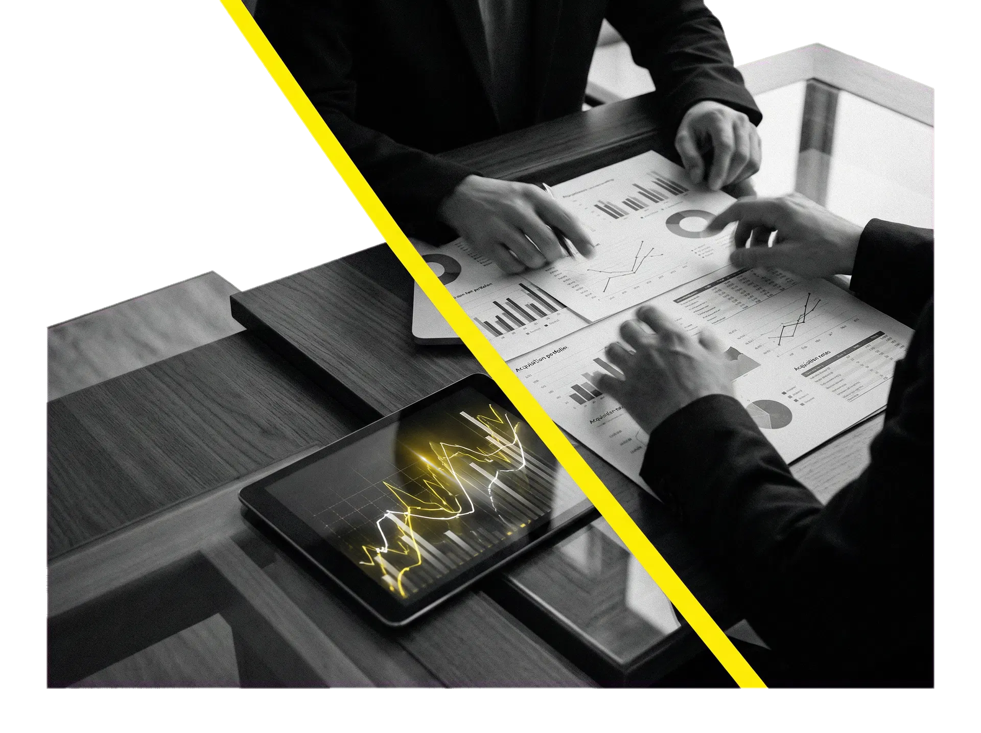 Diskrete M&A-Szene mit Unterlagen und Analysen