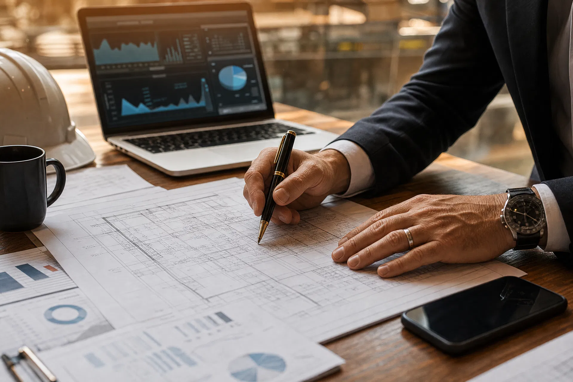 Construction executive reviewing plans with AI analytics