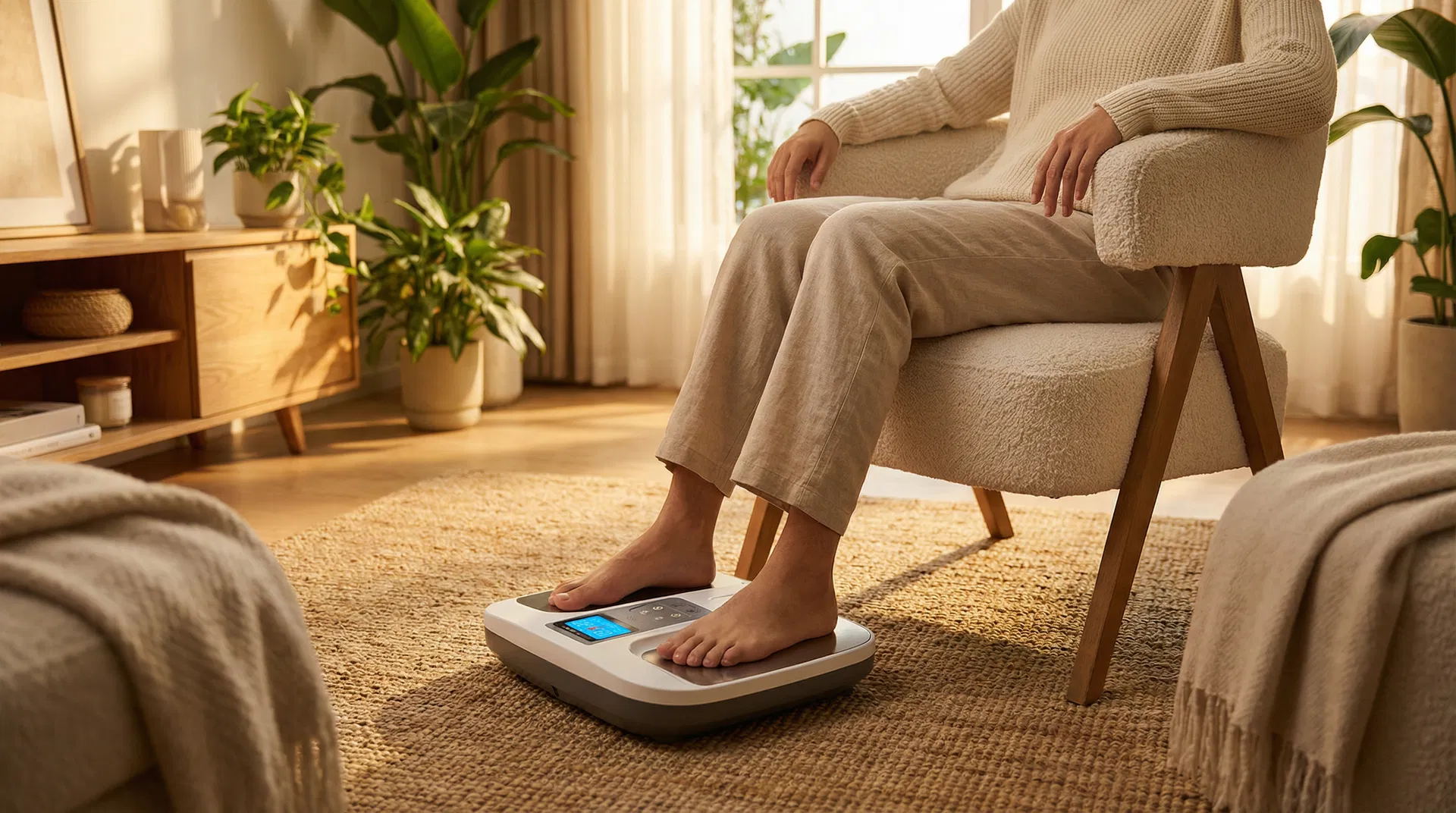 Person seated comfortably with feet on the PEMF device