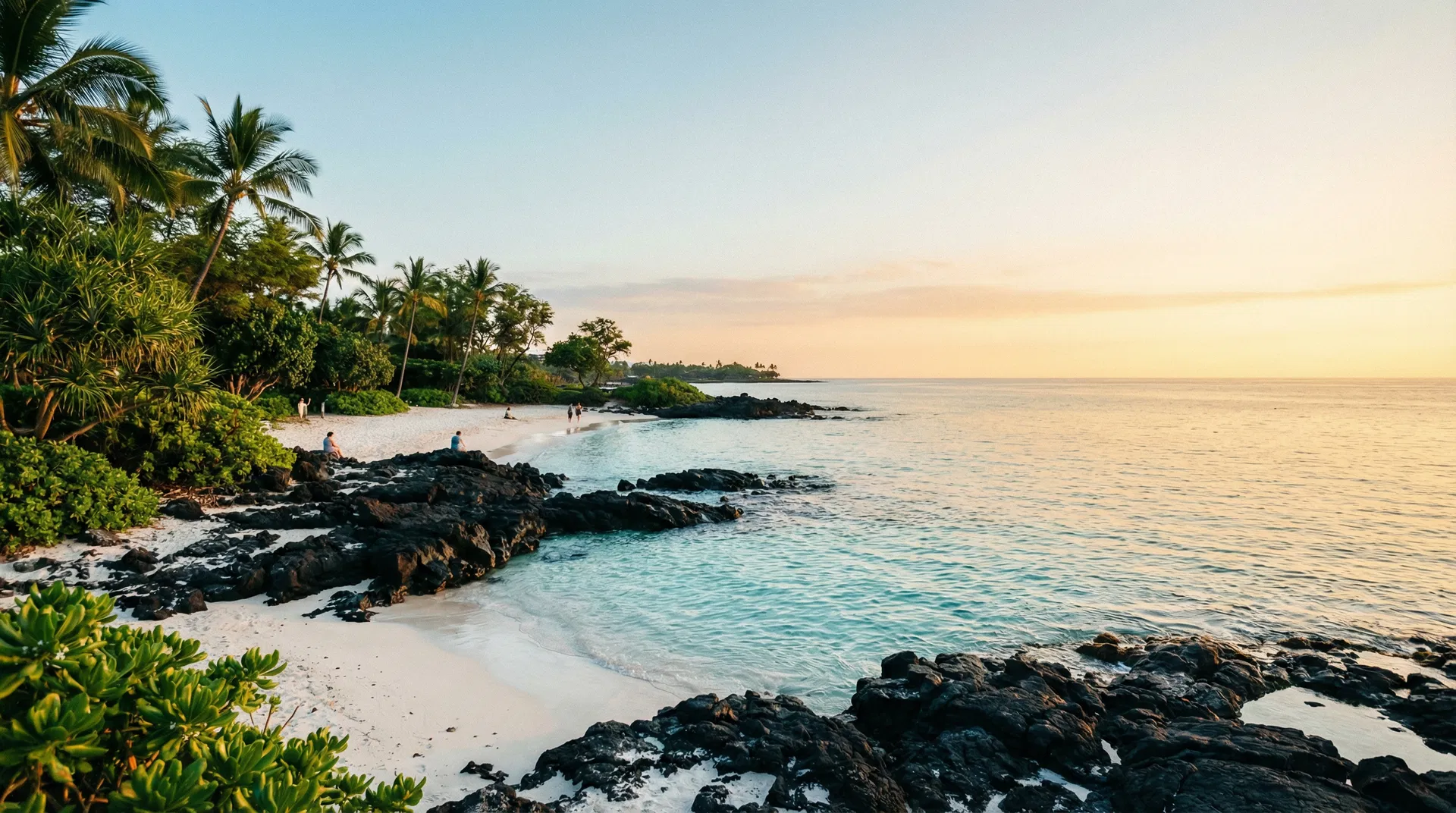 Mauna Kea Beach at sunset with black volcanic rocks and turquoise water