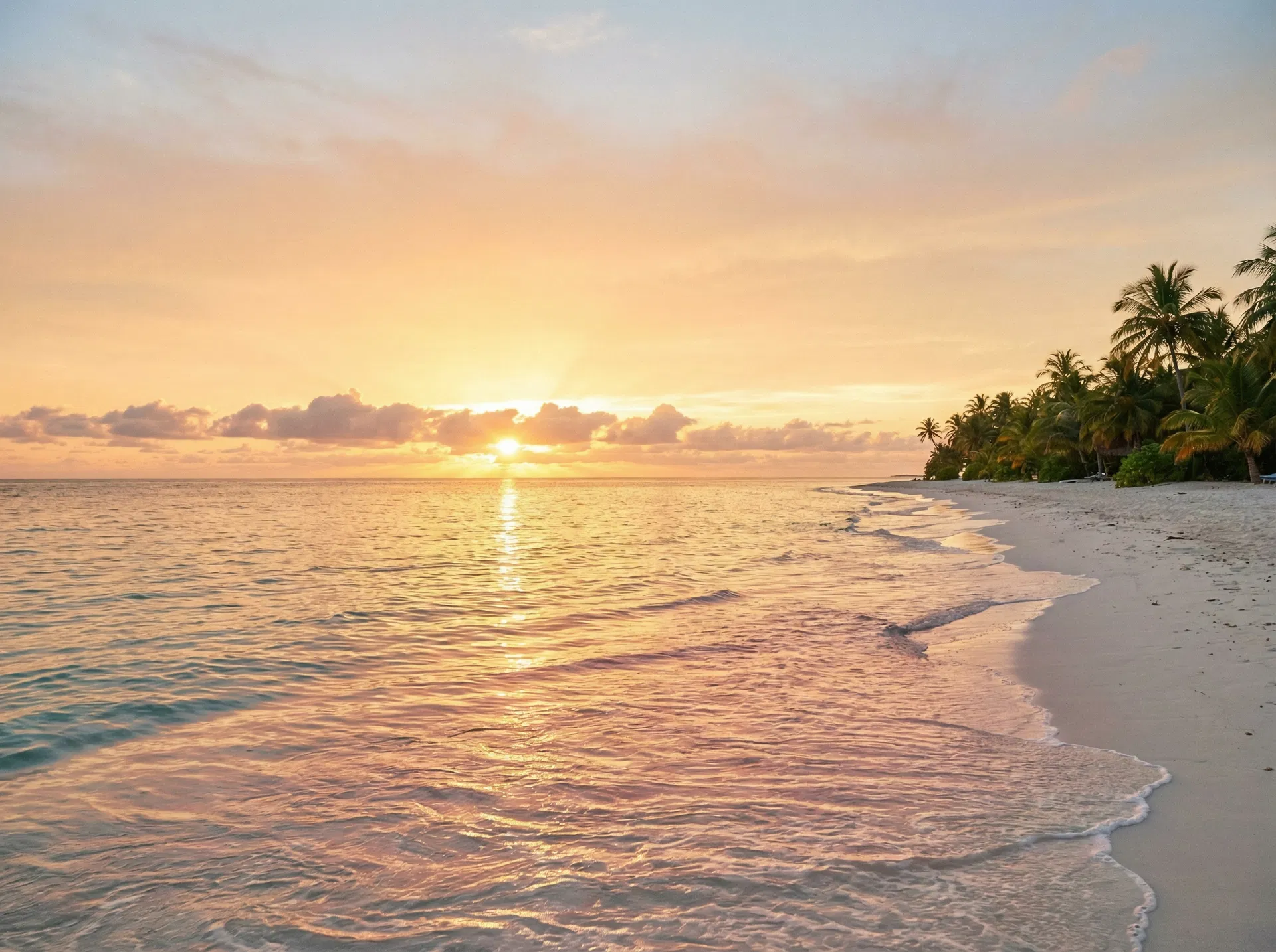 Golden sunrise over a pristine tropical beach with calm ocean waters