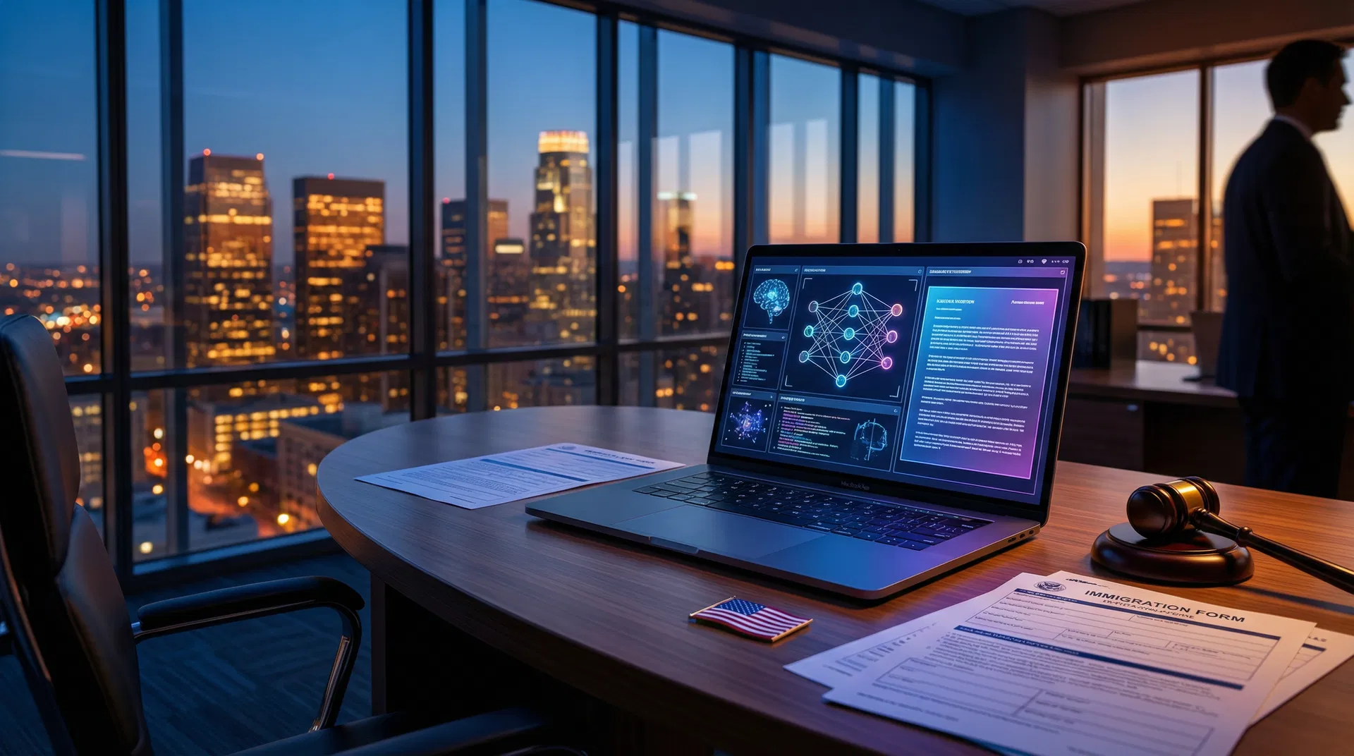 An abstract image depicting artificial intelligence concepts, with glowing neural networks and legal symbols overlaid, representing AI's impact on immigration law.