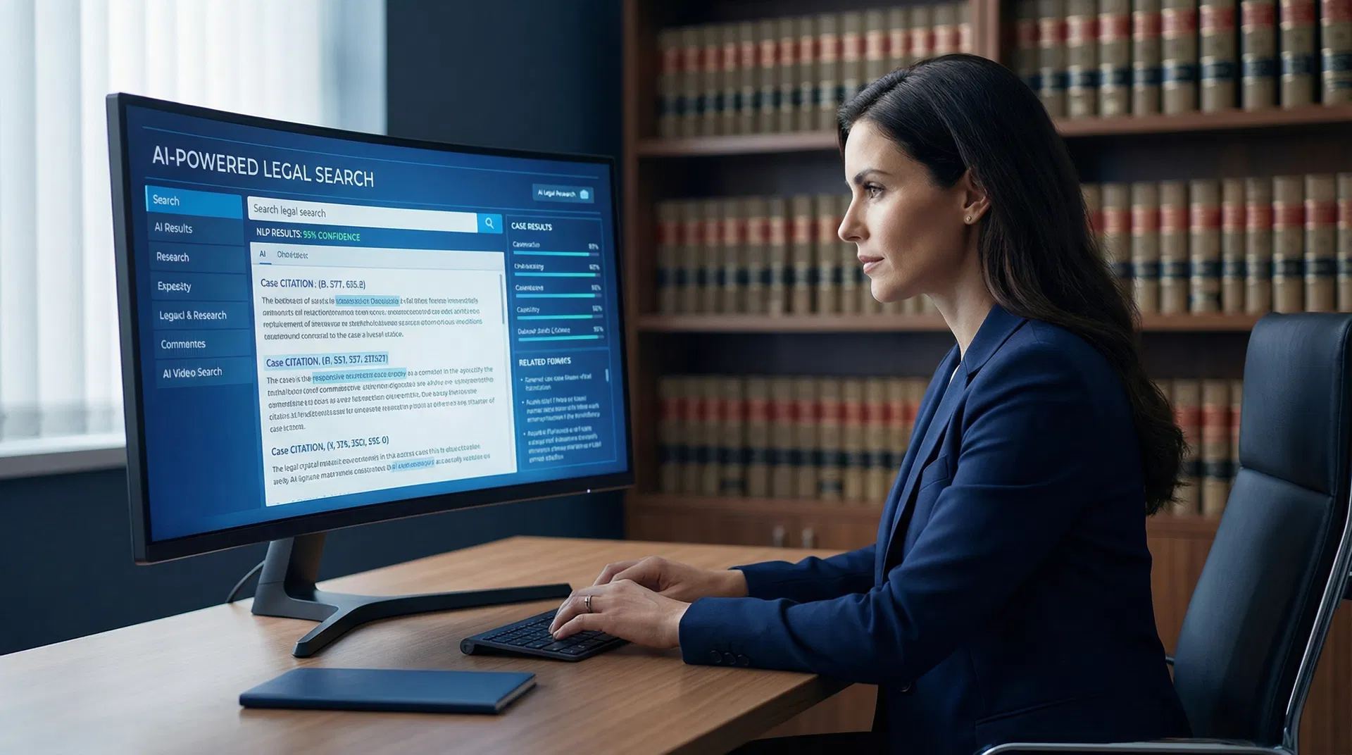 An image depicting artificial intelligence assisting with legal research, symbolizing efficiency and innovation in immigration law.