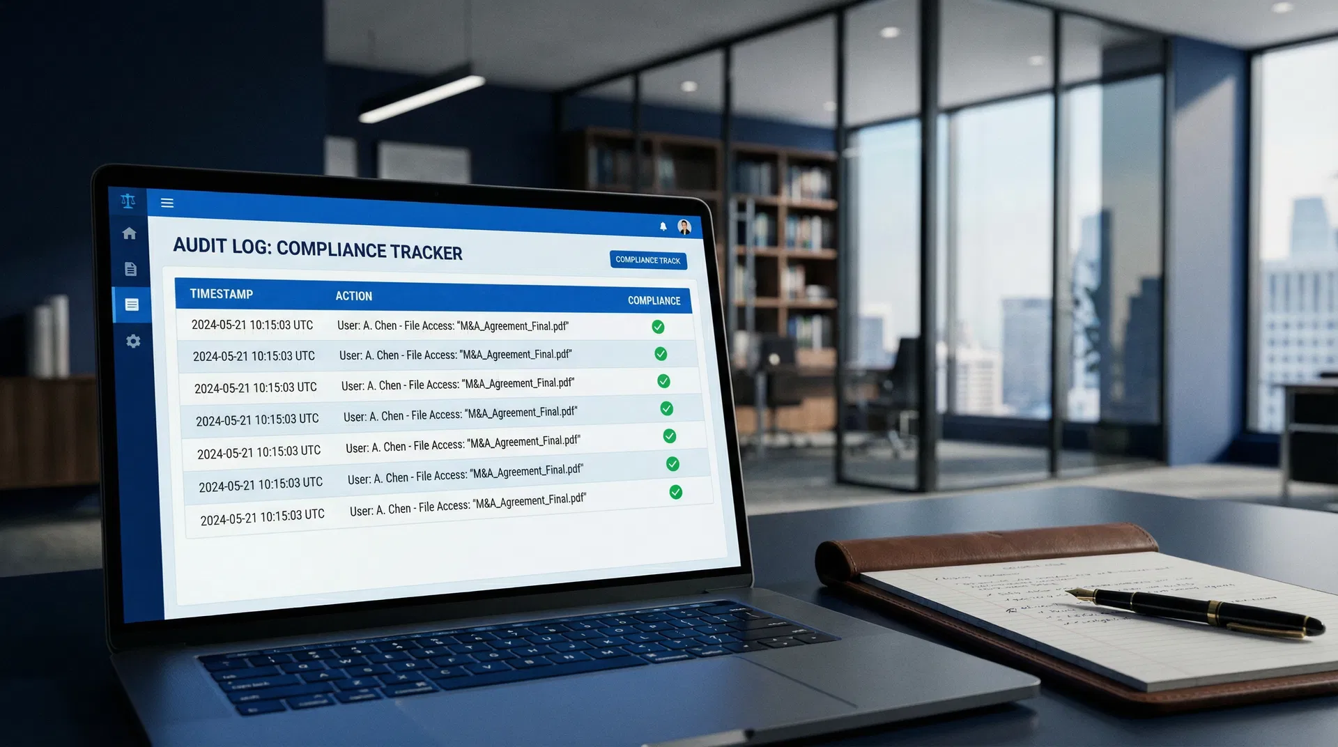 Close-up of a digital ledger or audit log displaying chronological entries and timestamps, symbolizing transparency and accountability in legal compliance.