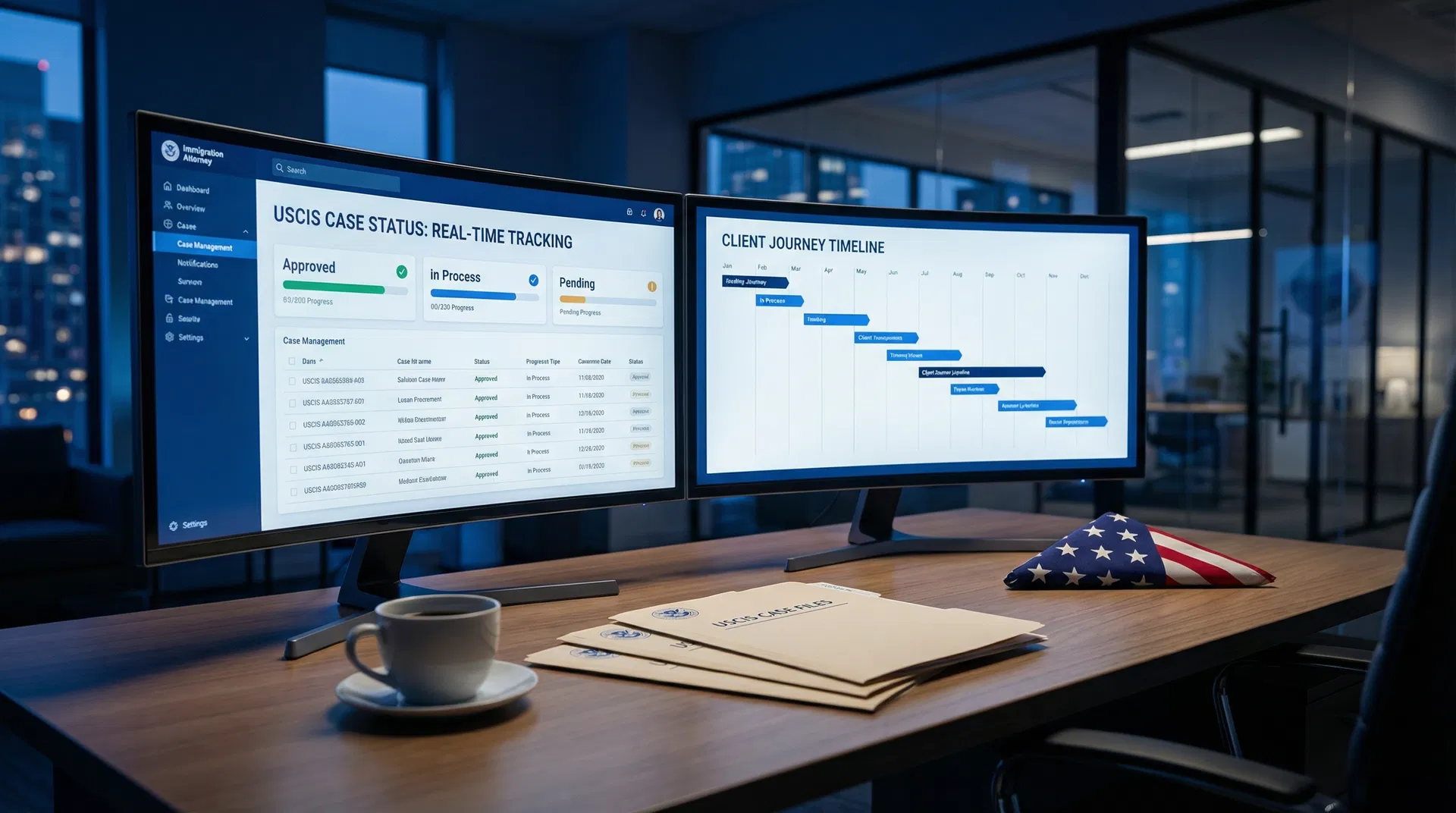A digital dashboard displaying various USCIS case statuses with real-time updates and alerts, symbolizing automated tracking software.